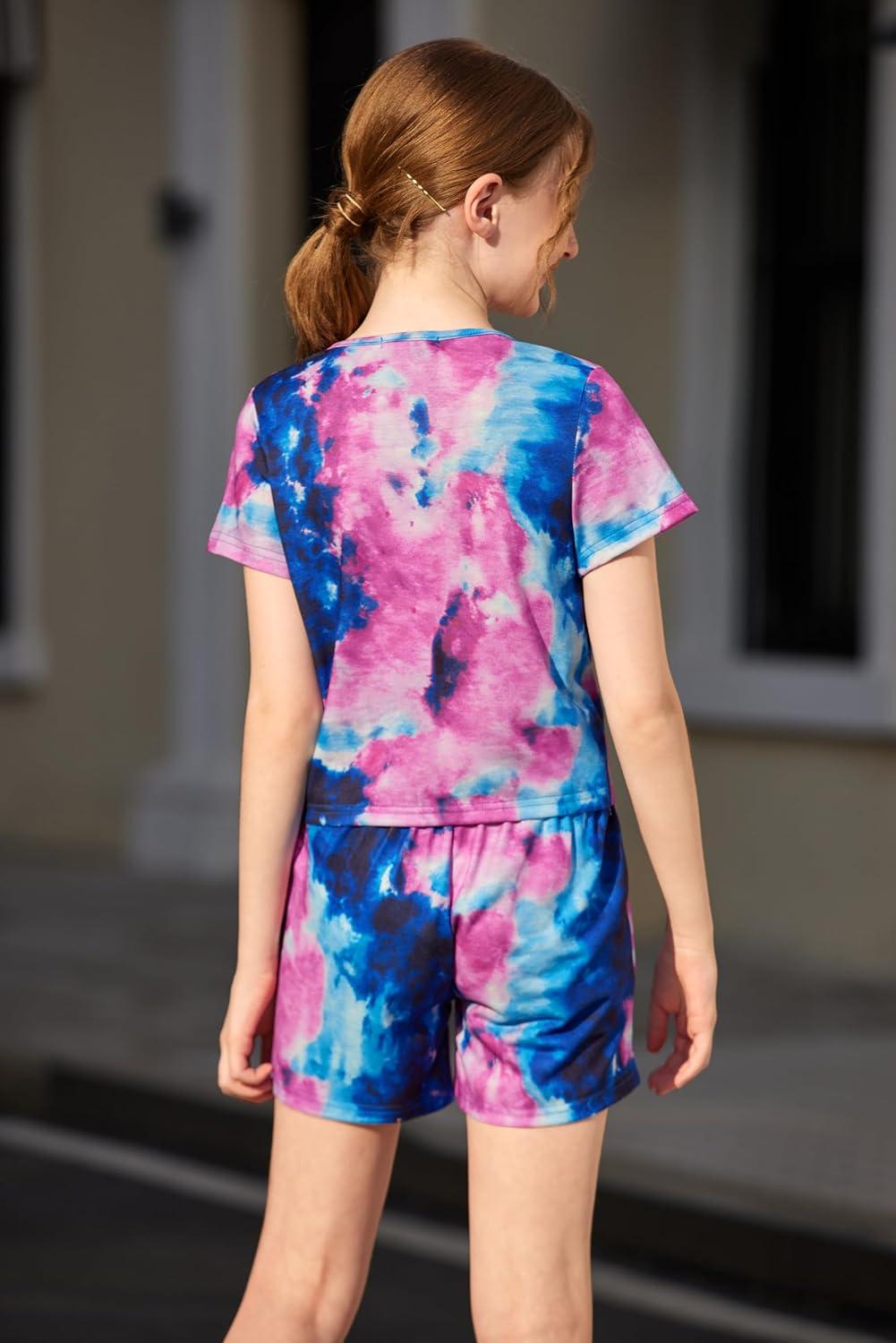 image:imageArshiner Girls Summer 2 Piece Outfits Tie Dye Short Sets Casual Twist Front Short Sleeve Tops and Pant with PocketsDark Purpledark Blue