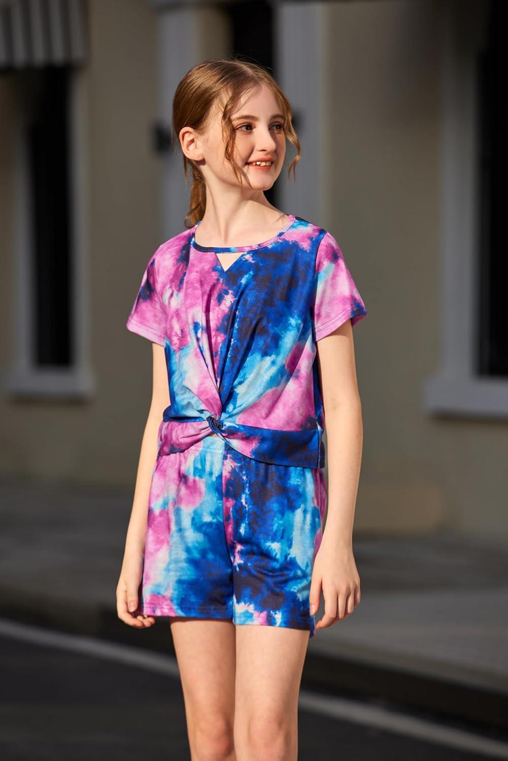 image:imageArshiner Girls Summer 2 Piece Outfits Tie Dye Short Sets Casual Twist Front Short Sleeve Tops and Pant with PocketsDark Purpledark Blue