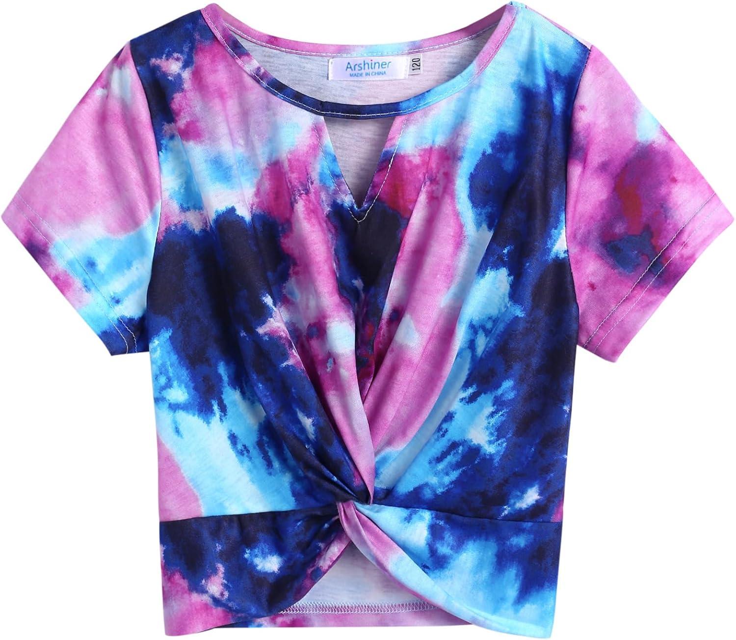 image:imageArshiner Girls Summer 2 Piece Outfits Tie Dye Short Sets Casual Twist Front Short Sleeve Tops and Pant with PocketsDark Purpledark Blue