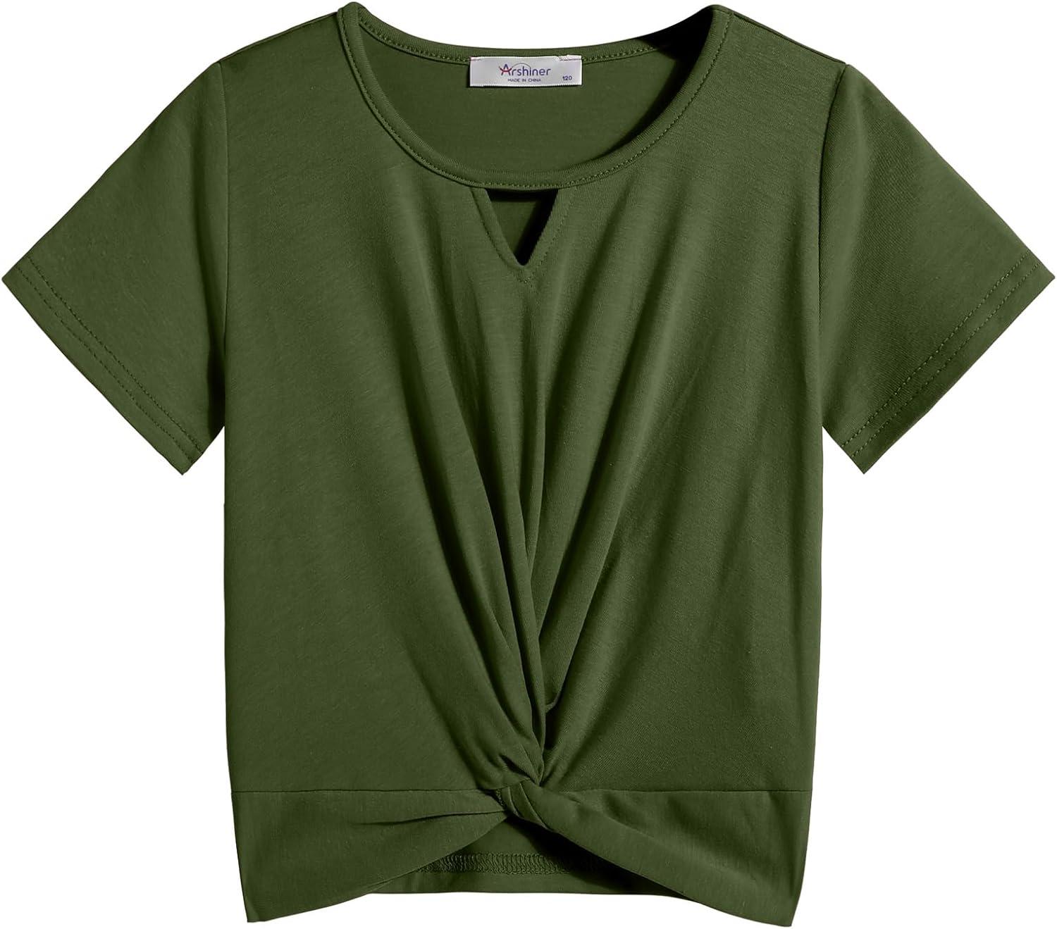 image:imageArshiner Girls Summer 2 Piece Outfits Tie Dye Short Sets Casual Twist Front Short Sleeve Tops and Pant with PocketsGreencamouflage
