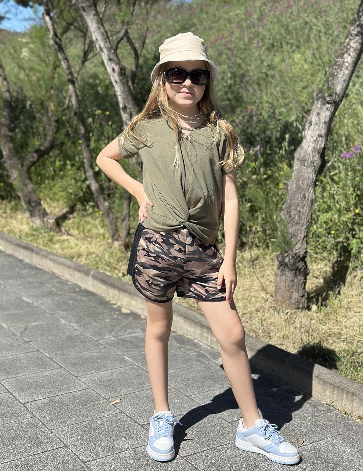 image:imageArshiner Girls Summer 2 Piece Outfits Tie Dye Short Sets Casual Twist Front Short Sleeve Tops and Pant with PocketsGreencamouflage