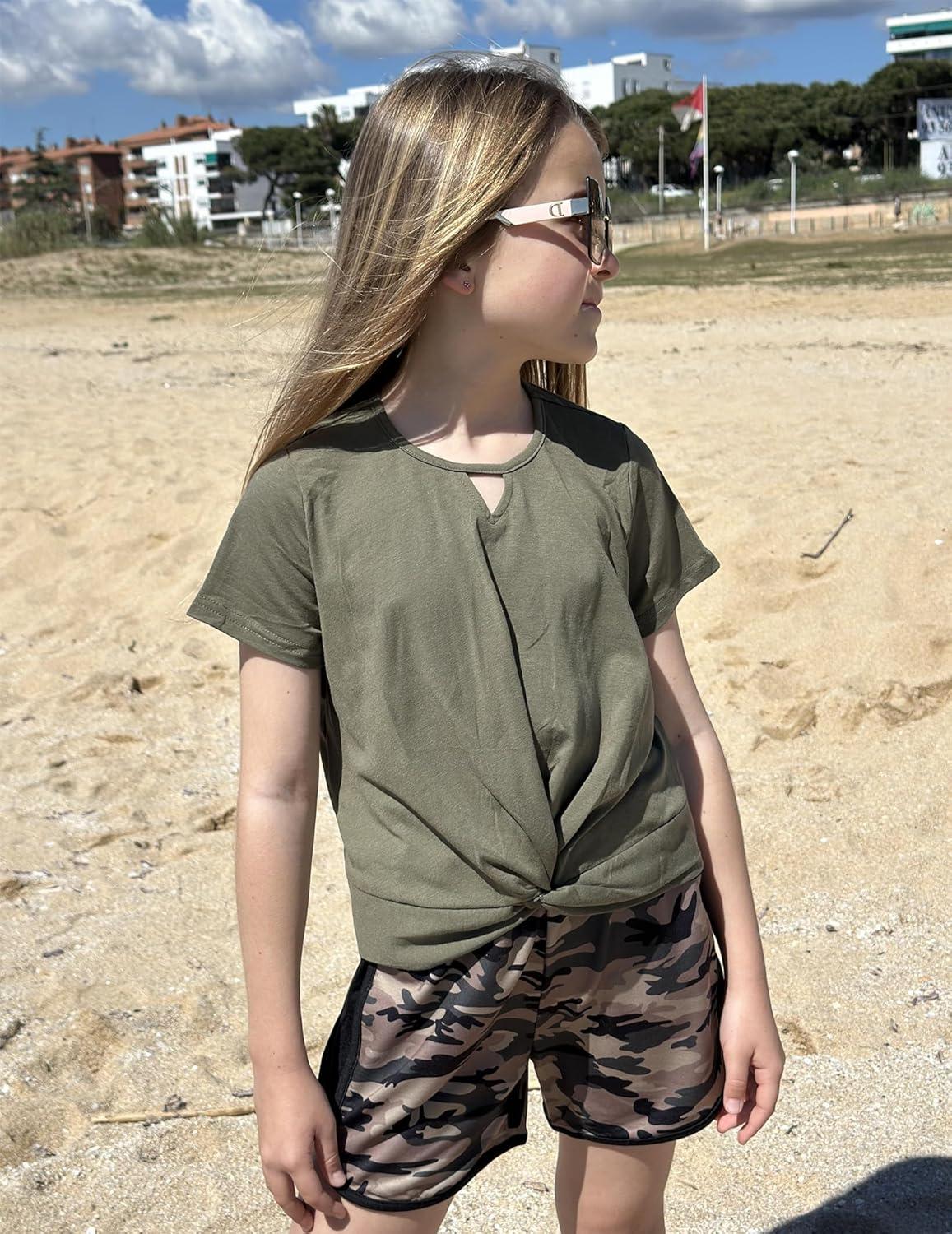 image:imageArshiner Girls Summer 2 Piece Outfits Tie Dye Short Sets Casual Twist Front Short Sleeve Tops and Pant with PocketsGreencamouflage