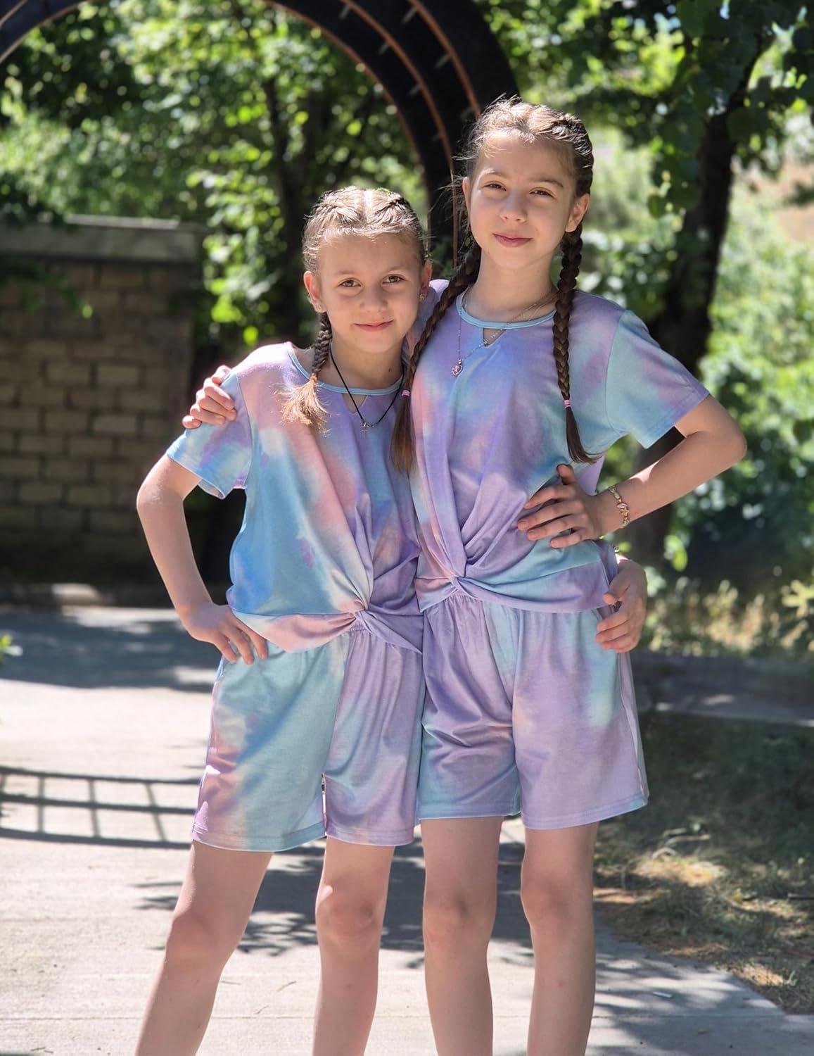 image:imageArshiner Girls Summer 2 Piece Outfits Tie Dye Short Sets Casual Twist Front Short Sleeve Tops and Pant with PocketsGreenpink