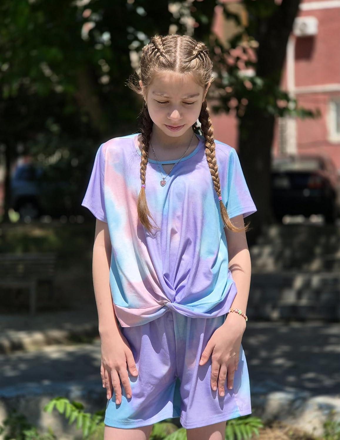 image:imageArshiner Girls Summer 2 Piece Outfits Tie Dye Short Sets Casual Twist Front Short Sleeve Tops and Pant with PocketsGreenpink