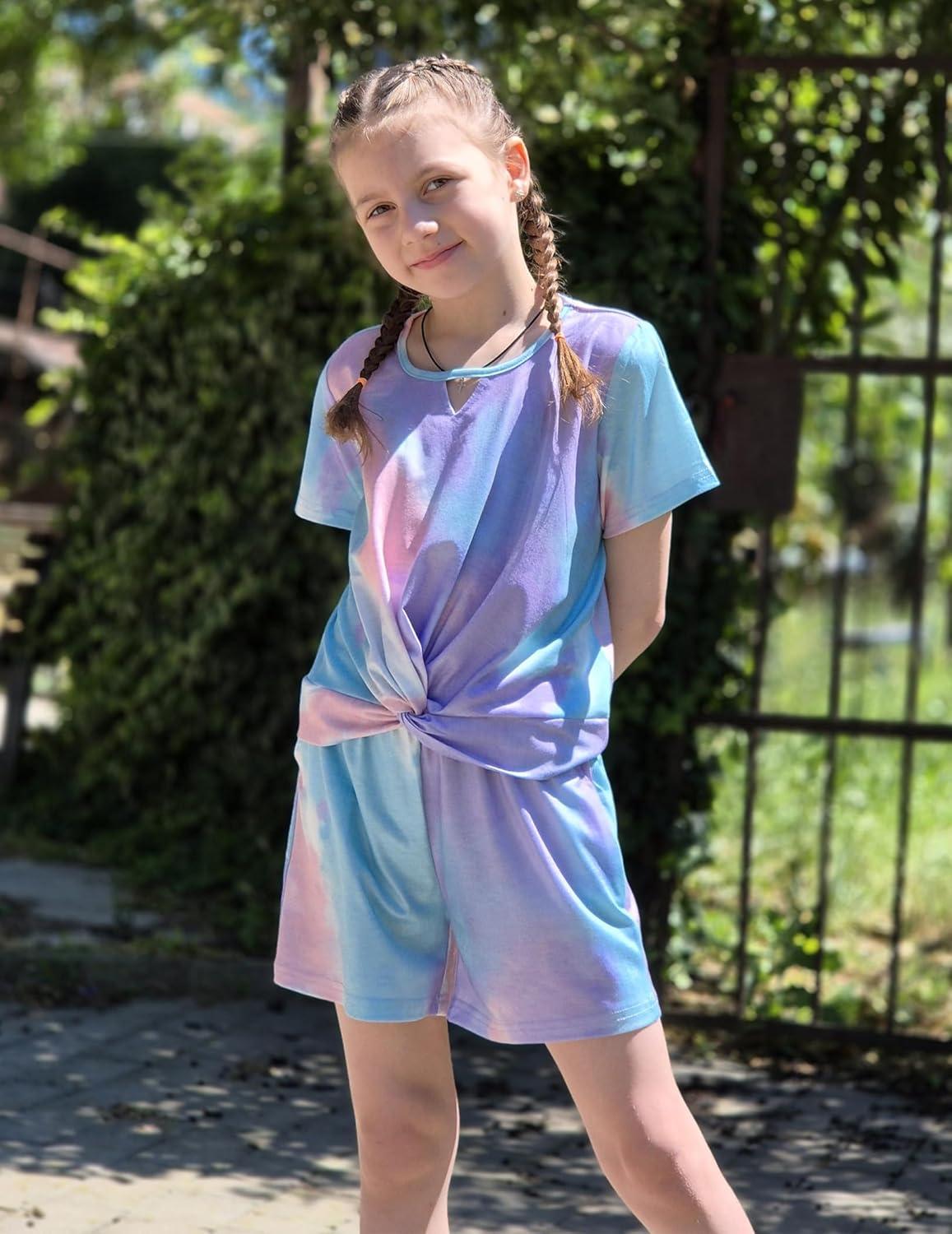 image:imageArshiner Girls Summer 2 Piece Outfits Tie Dye Short Sets Casual Twist Front Short Sleeve Tops and Pant with PocketsGreenpink