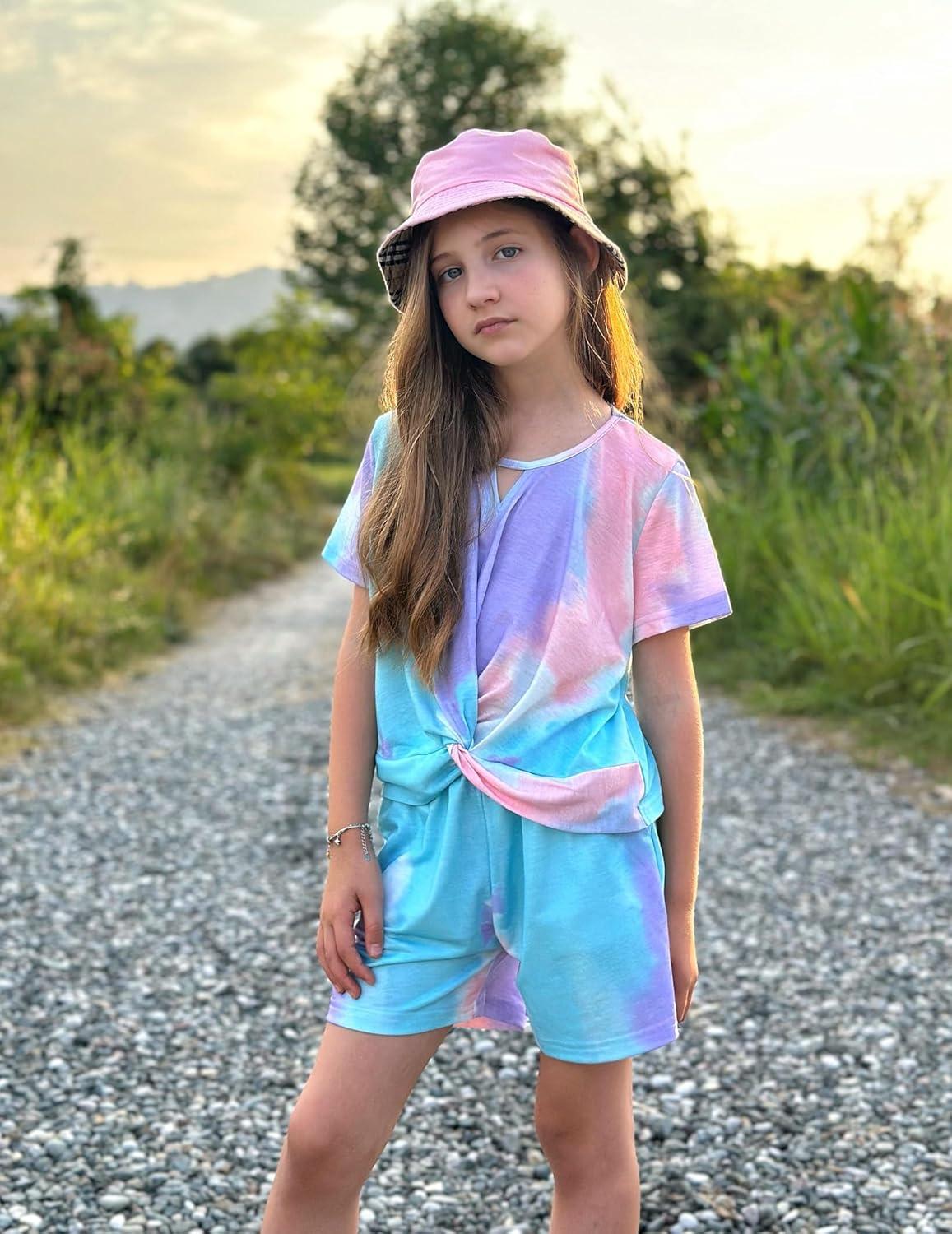 image:imageArshiner Girls Summer 2 Piece Outfits Tie Dye Short Sets Casual Twist Front Short Sleeve Tops and Pant with PocketsGreenpink