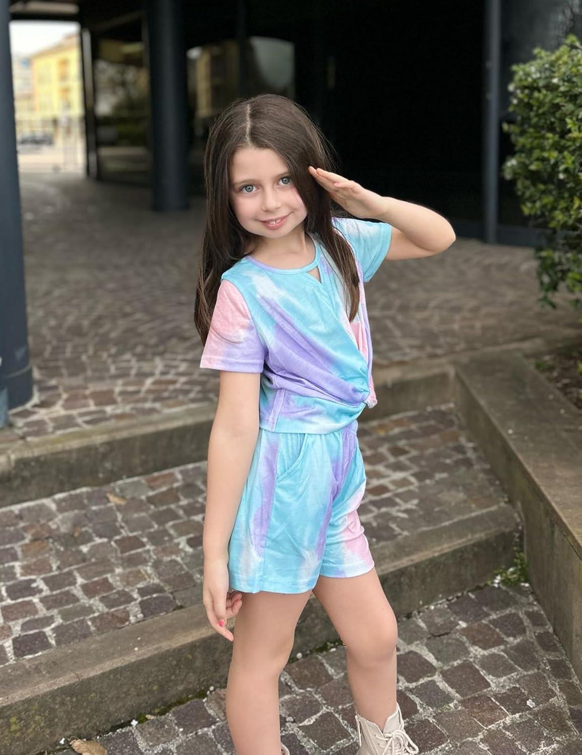 image:imageArshiner Girls Summer 2 Piece Outfits Tie Dye Short Sets Casual Twist Front Short Sleeve Tops and Pant with PocketsGreenpink