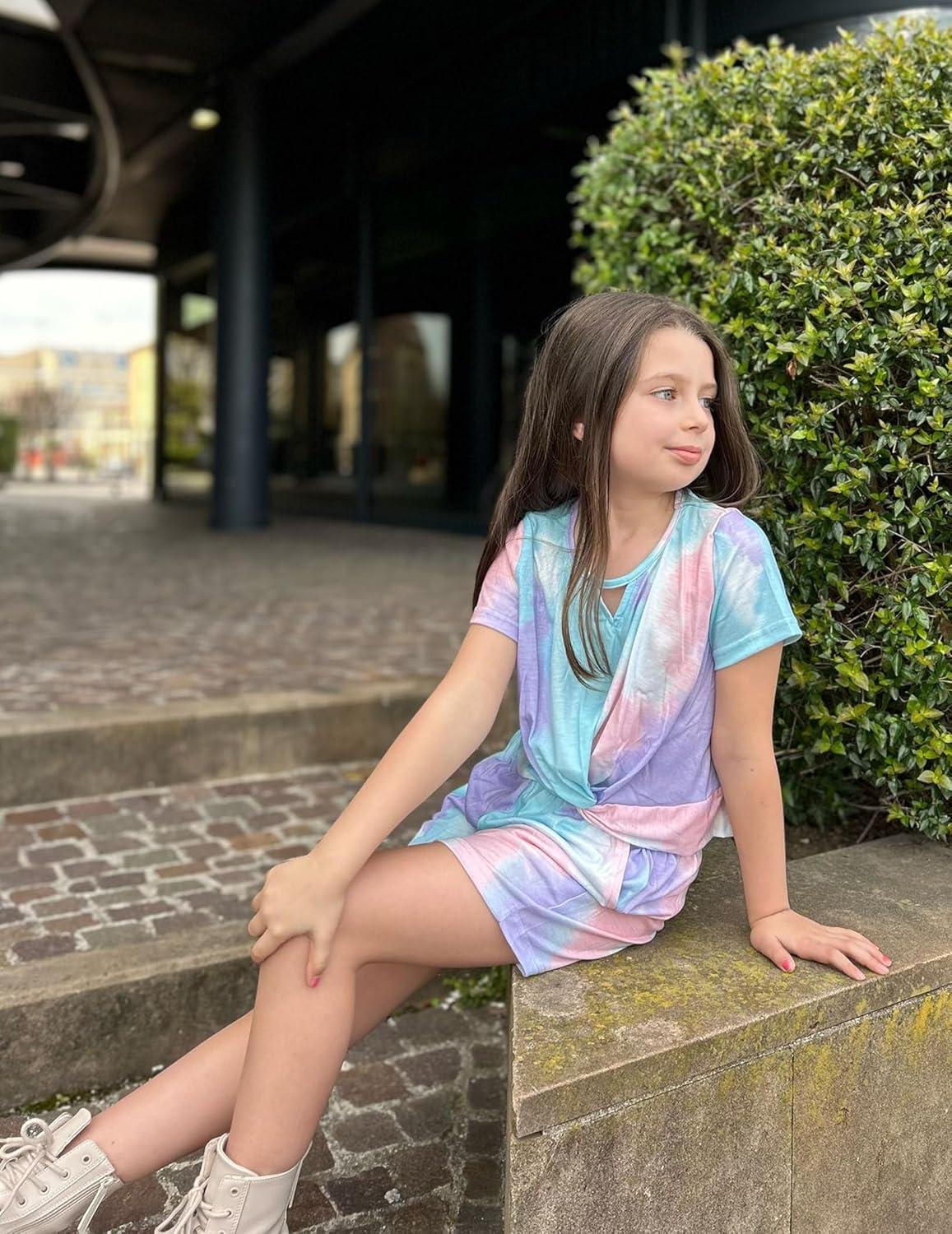 image:imageArshiner Girls Summer 2 Piece Outfits Tie Dye Short Sets Casual Twist Front Short Sleeve Tops and Pant with PocketsGreenpink