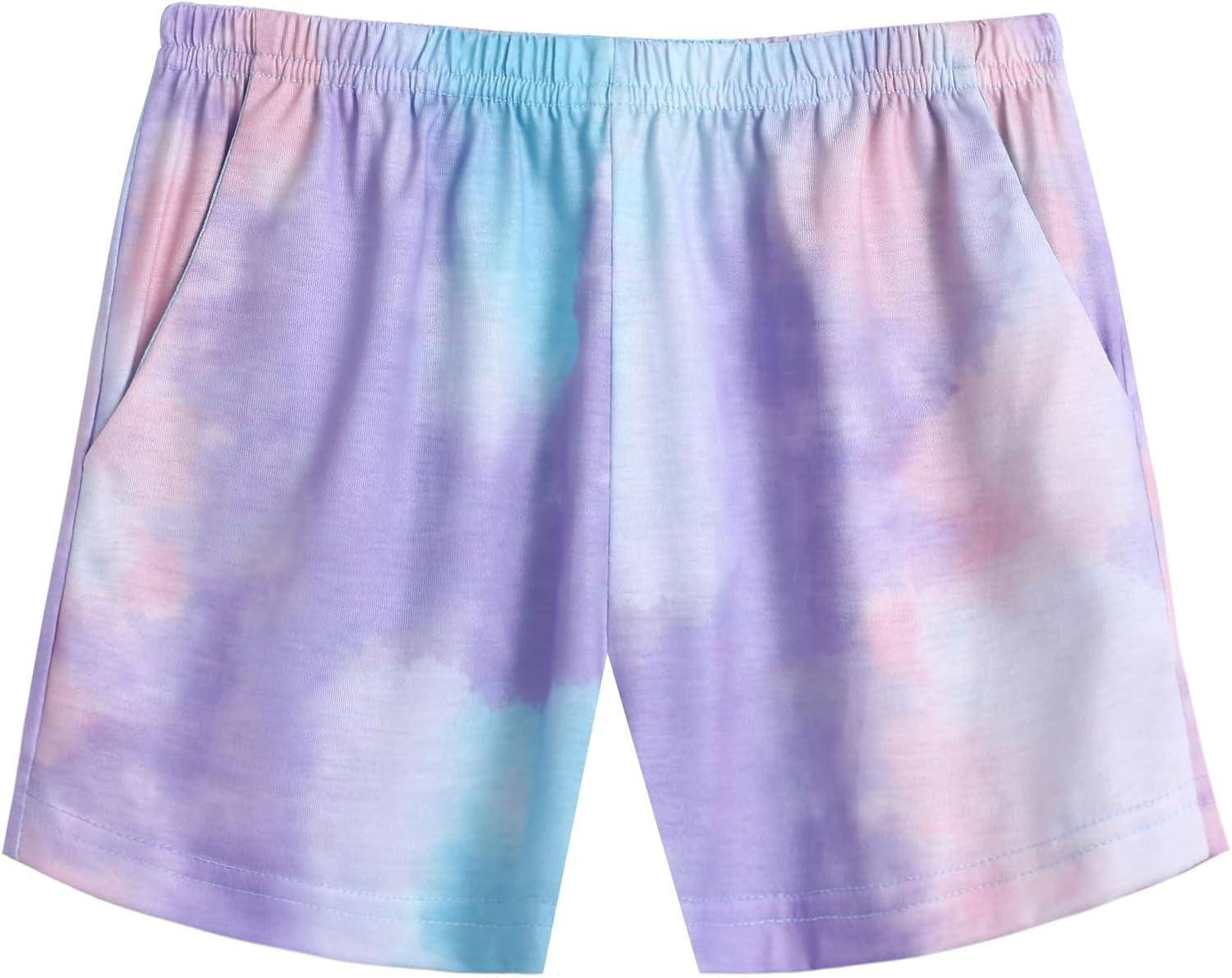 image:imageArshiner Girls Summer 2 Piece Outfits Tie Dye Short Sets Casual Twist Front Short Sleeve Tops and Pant with PocketsGreenpink