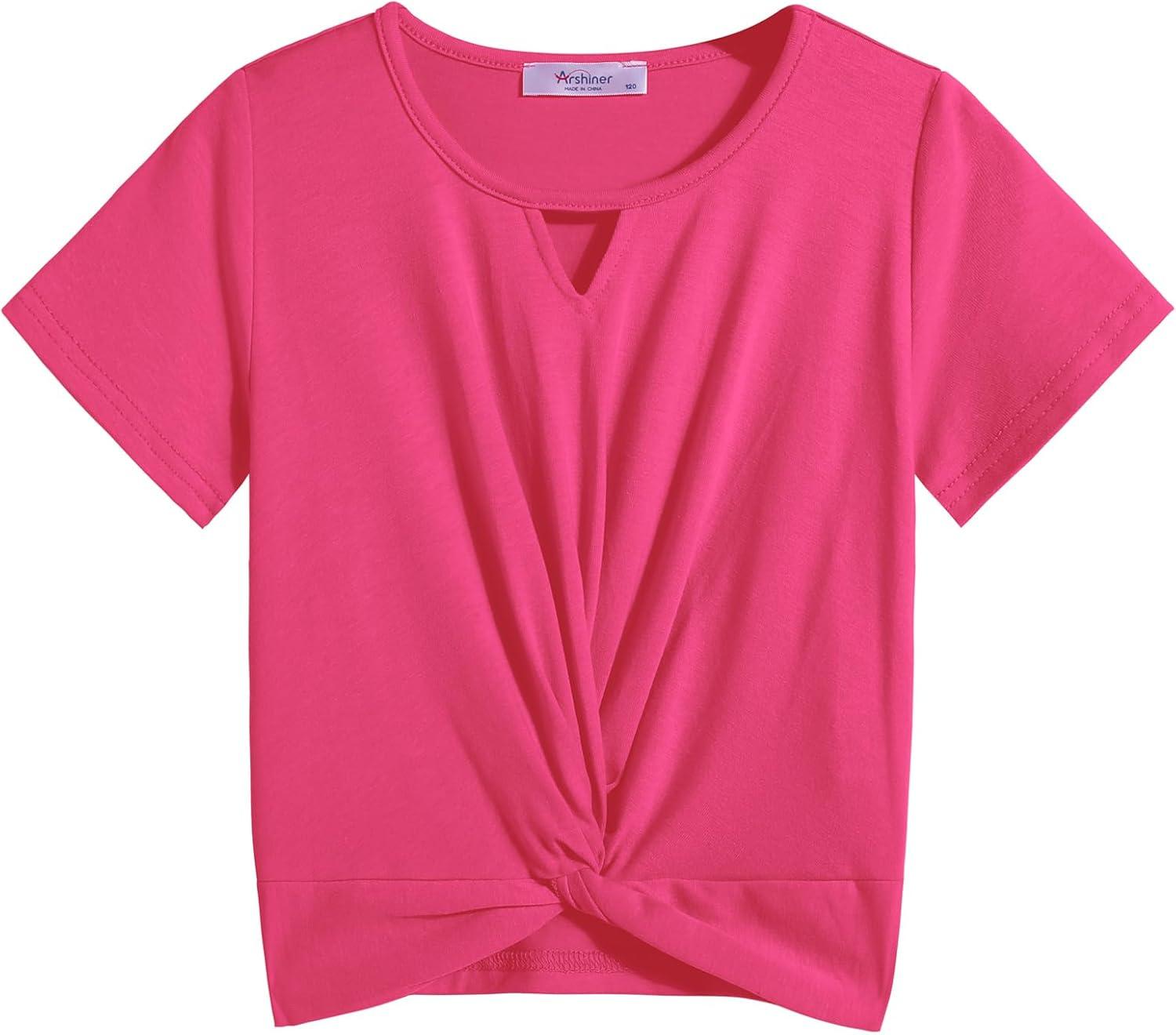 image:imageArshiner Girls Summer 2 Piece Outfits Tie Dye Short Sets Casual Twist Front Short Sleeve Tops and Pant with PocketsPinkstripe