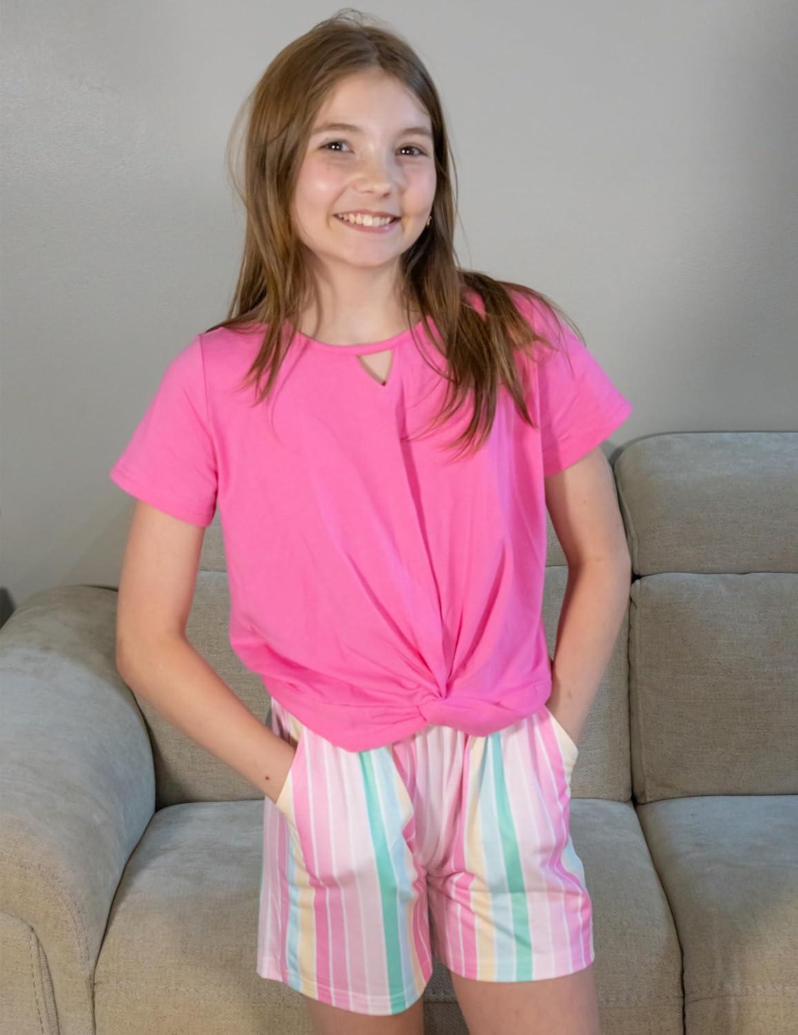 image:imageArshiner Girls Summer 2 Piece Outfits Tie Dye Short Sets Casual Twist Front Short Sleeve Tops and Pant with PocketsPinkstripe