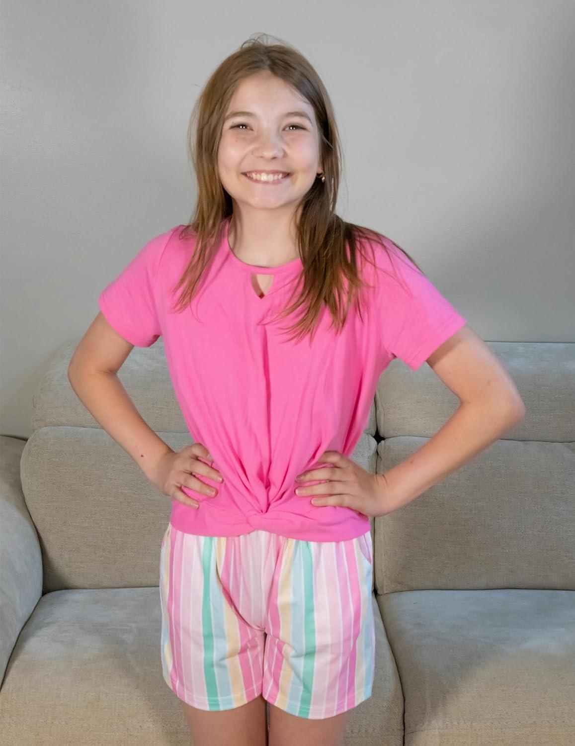 image:imageArshiner Girls Summer 2 Piece Outfits Tie Dye Short Sets Casual Twist Front Short Sleeve Tops and Pant with PocketsPinkstripe