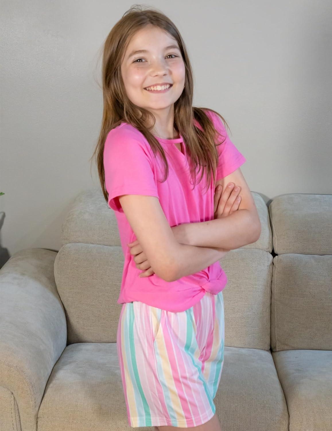 image:imageArshiner Girls Summer 2 Piece Outfits Tie Dye Short Sets Casual Twist Front Short Sleeve Tops and Pant with PocketsPinkstripe
