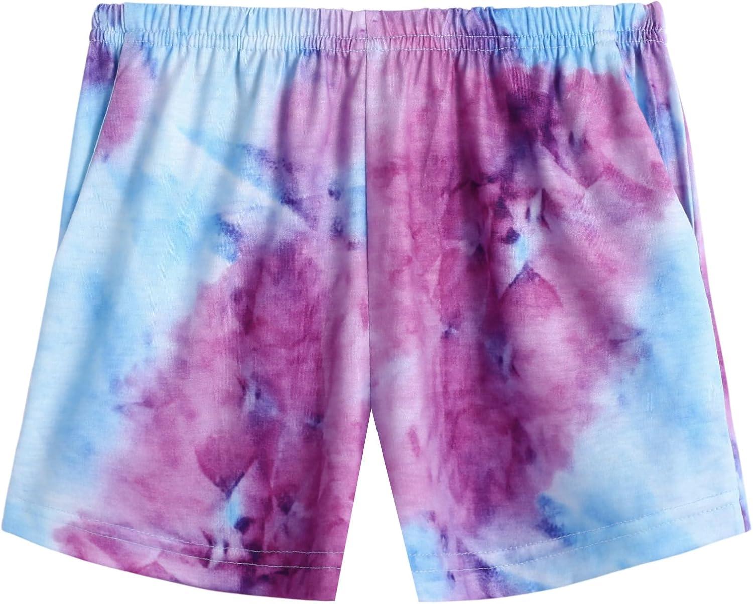 image:imageArshiner Girls Summer 2 Piece Outfits Tie Dye Short Sets Casual Twist Front Short Sleeve Tops and Pant with PocketsPurpleblue