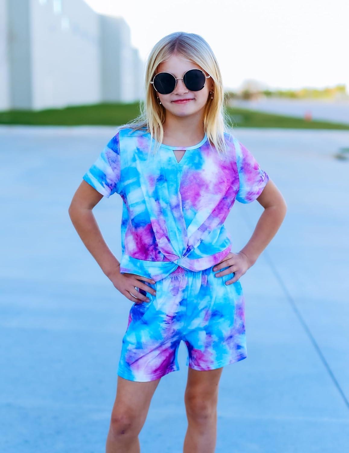 image:imageArshiner Girls Summer 2 Piece Outfits Tie Dye Short Sets Casual Twist Front Short Sleeve Tops and Pant with PocketsPurpleblue