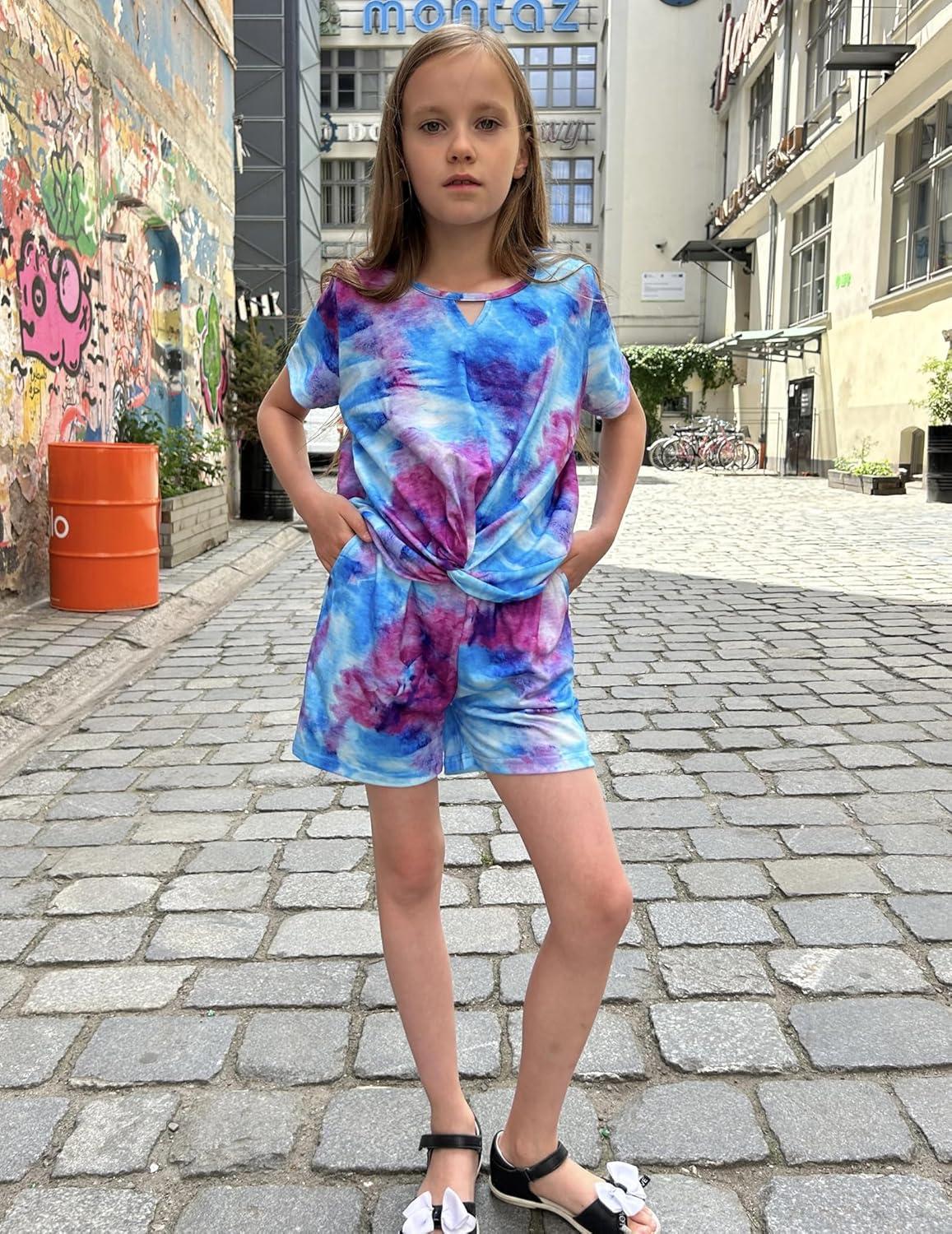 image:imageArshiner Girls Summer 2 Piece Outfits Tie Dye Short Sets Casual Twist Front Short Sleeve Tops and Pant with PocketsPurpleblue