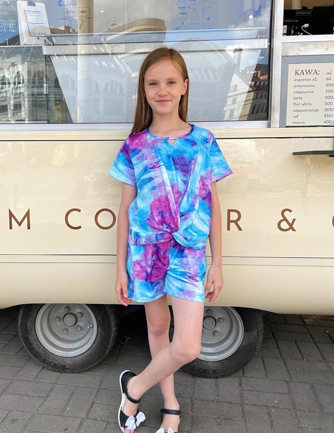 image:imageArshiner Girls Summer 2 Piece Outfits Tie Dye Short Sets Casual Twist Front Short Sleeve Tops and Pant with PocketsPurpleblue