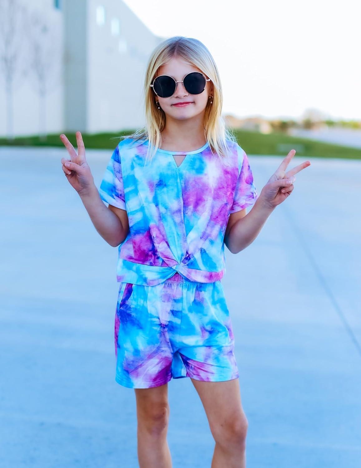image:imageArshiner Girls Summer 2 Piece Outfits Tie Dye Short Sets Casual Twist Front Short Sleeve Tops and Pant with PocketsPurpleblue