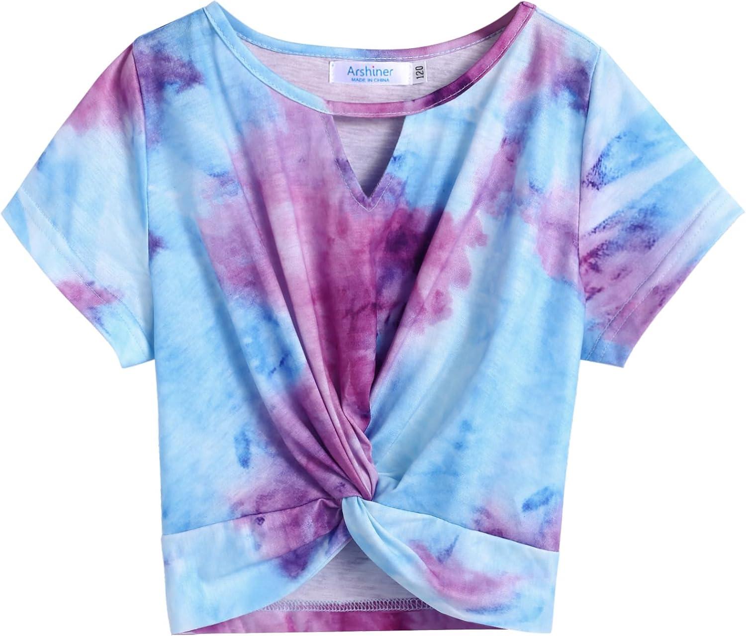 image:imageArshiner Girls Summer 2 Piece Outfits Tie Dye Short Sets Casual Twist Front Short Sleeve Tops and Pant with PocketsPurpleblue
