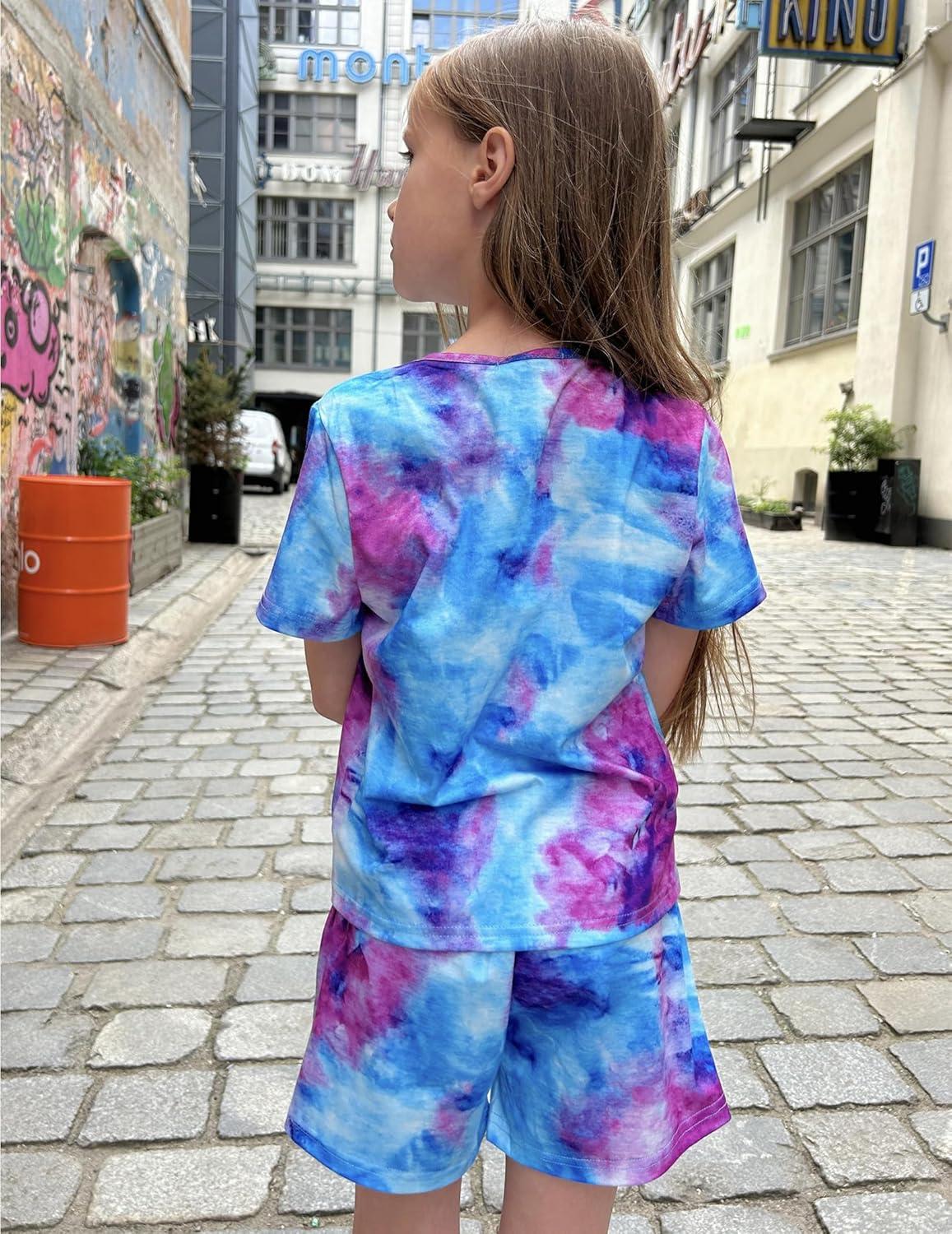 image:imageArshiner Girls Summer 2 Piece Outfits Tie Dye Short Sets Casual Twist Front Short Sleeve Tops and Pant with PocketsPurpleblue