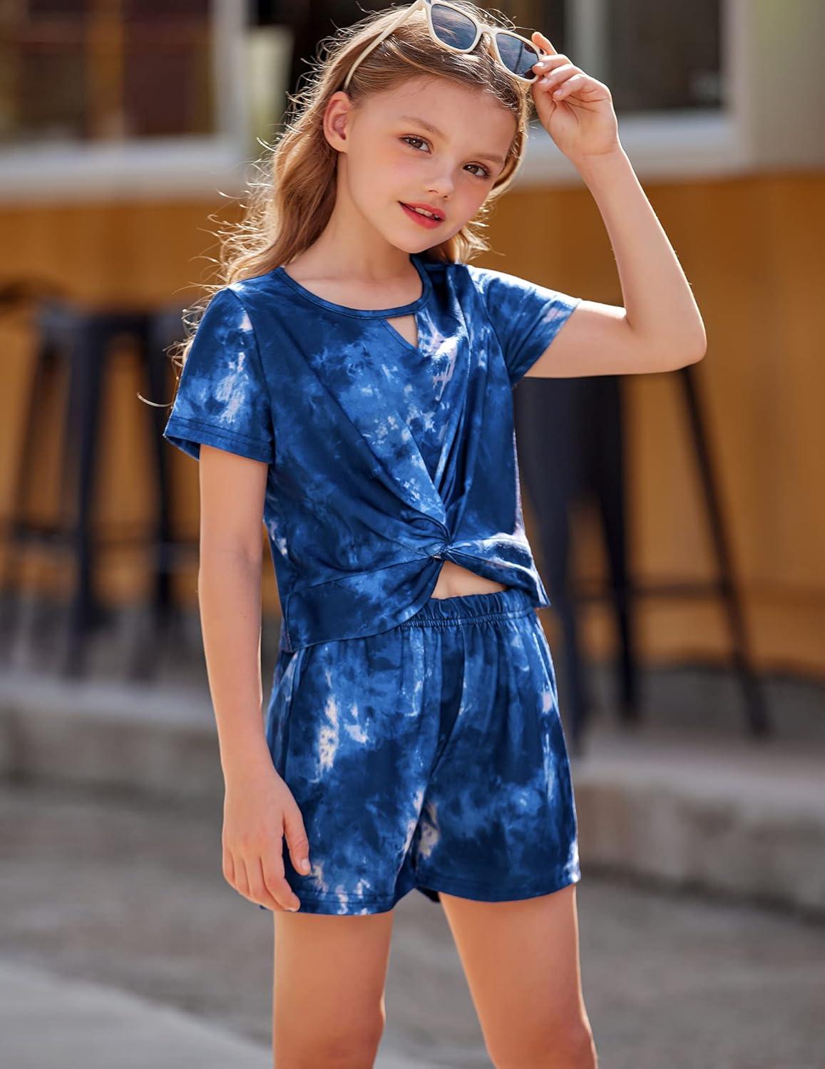 image:imageArshiner Girls Summer 2 Piece Outfits Tie Dye Short Sets Casual Twist Front Short Sleeve Tops and Pant with PocketsWhitenavy Blue