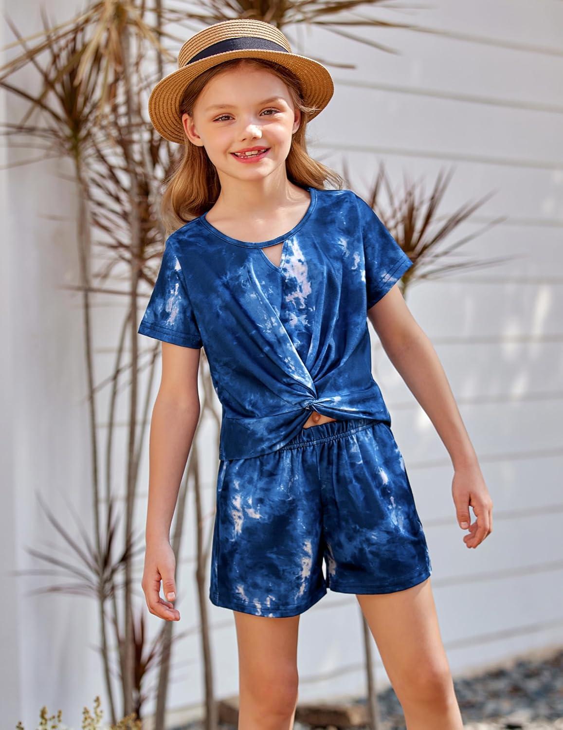 image:imageArshiner Girls Summer 2 Piece Outfits Tie Dye Short Sets Casual Twist Front Short Sleeve Tops and Pant with PocketsWhitenavy Blue