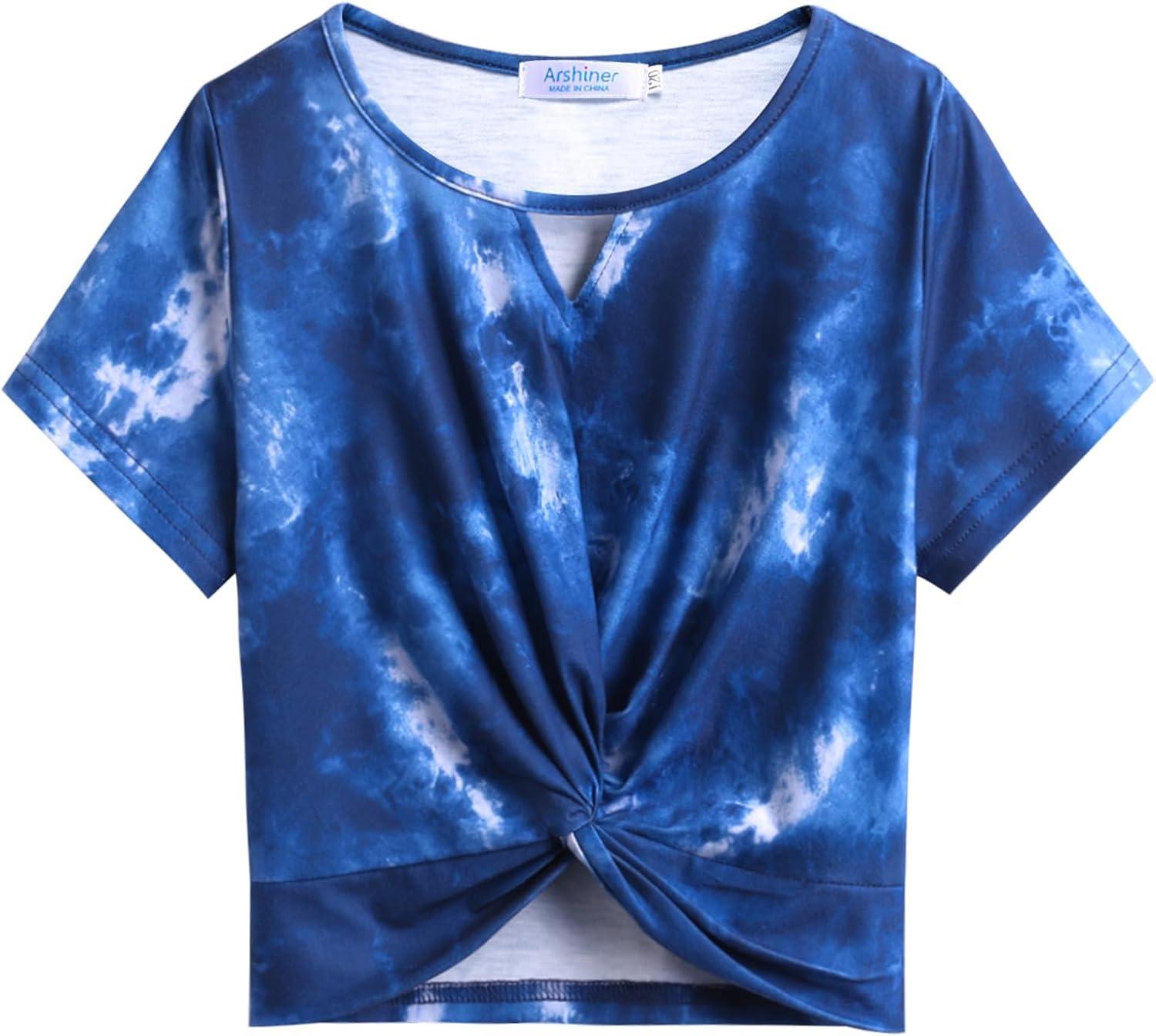 image:imageArshiner Girls Summer 2 Piece Outfits Tie Dye Short Sets Casual Twist Front Short Sleeve Tops and Pant with PocketsWhitenavy Blue