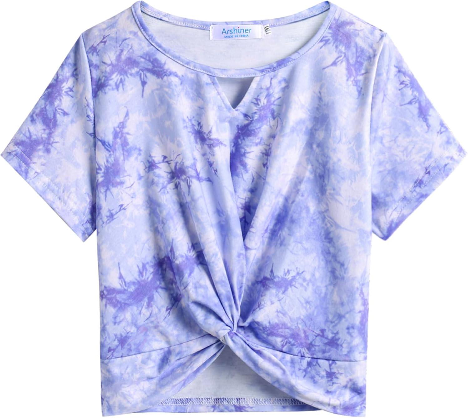 image:imageArshiner Girls Summer 2 Piece Outfits Tie Dye Short Sets Casual Twist Front Short Sleeve Tops and Pant with PocketsWhitepurple