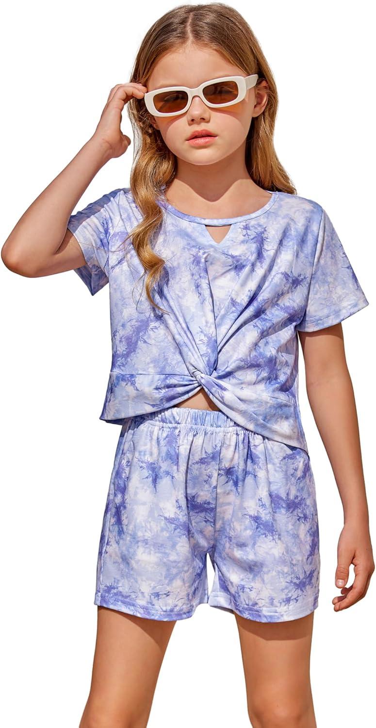 image:imageArshiner Girls Summer 2 Piece Outfits Tie Dye Short Sets Casual Twist Front Short Sleeve Tops and Pant with PocketsWhitepurple
