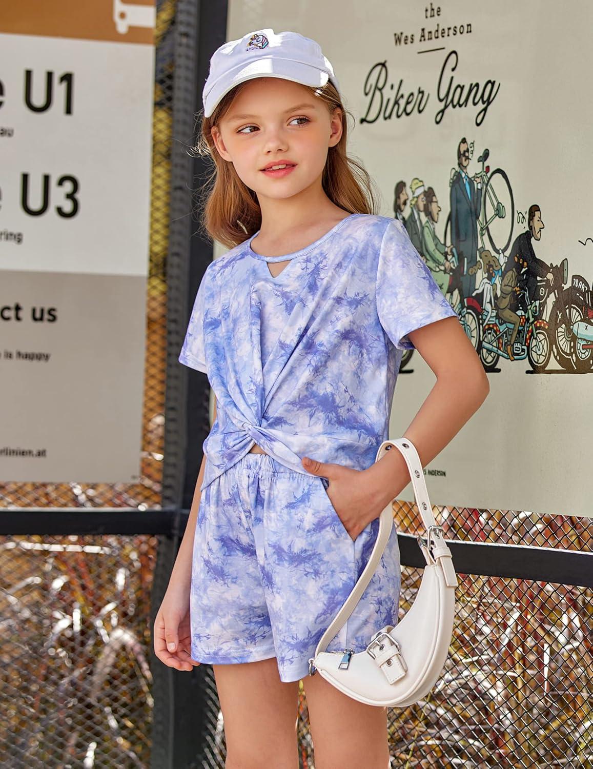 image:imageArshiner Girls Summer 2 Piece Outfits Tie Dye Short Sets Casual Twist Front Short Sleeve Tops and Pant with PocketsWhitepurple