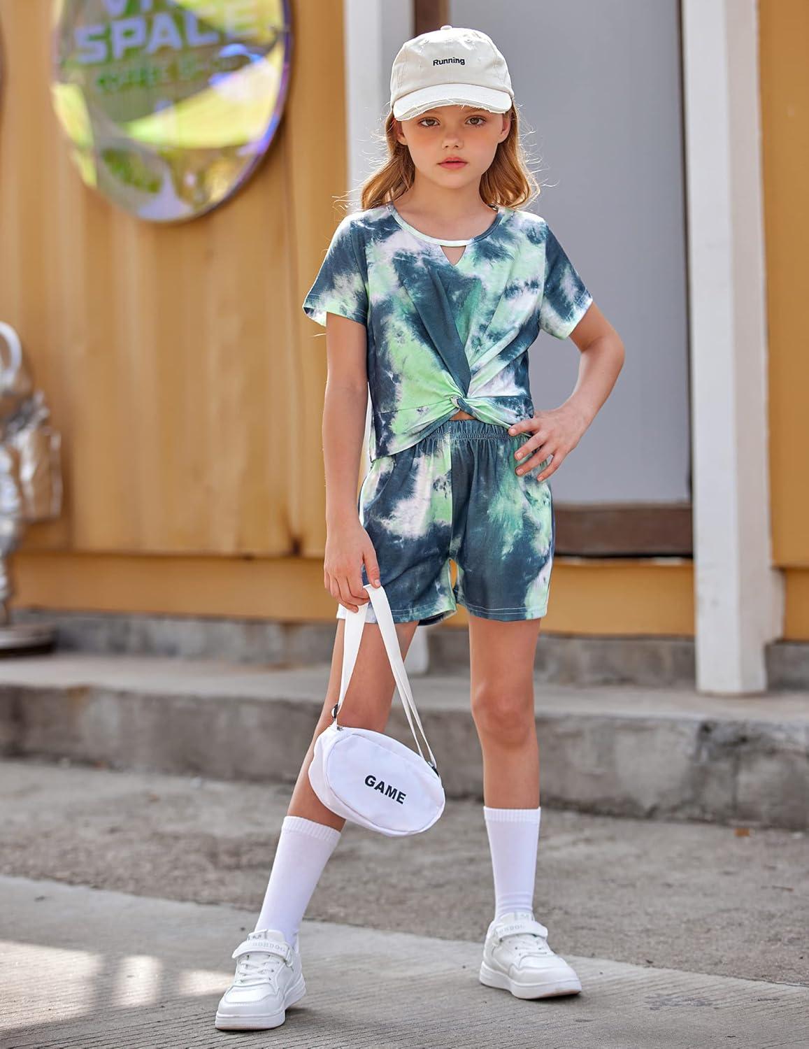 image:imageArshiner Girls Summer 2 Piece Outfits Tie Dye Short Sets Casual Twist Front Short Sleeve Tops and Pant with PocketsWhiteyellowgray