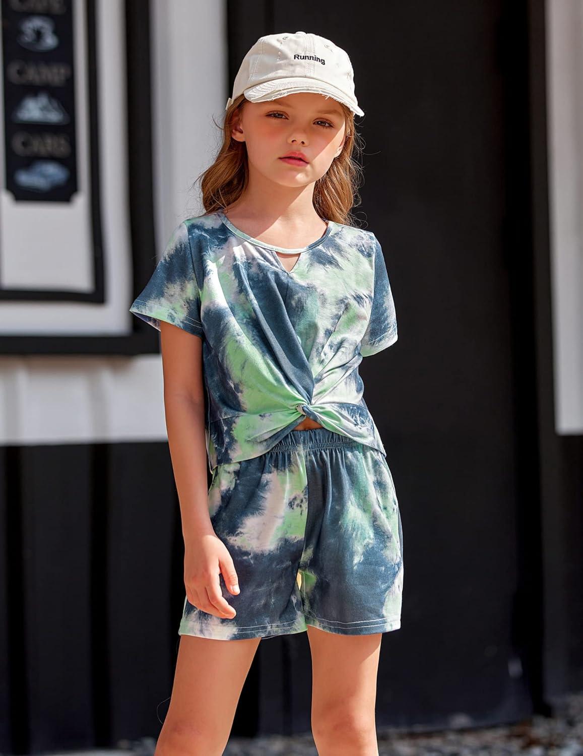 image:imageArshiner Girls Summer 2 Piece Outfits Tie Dye Short Sets Casual Twist Front Short Sleeve Tops and Pant with PocketsWhiteyellowgray