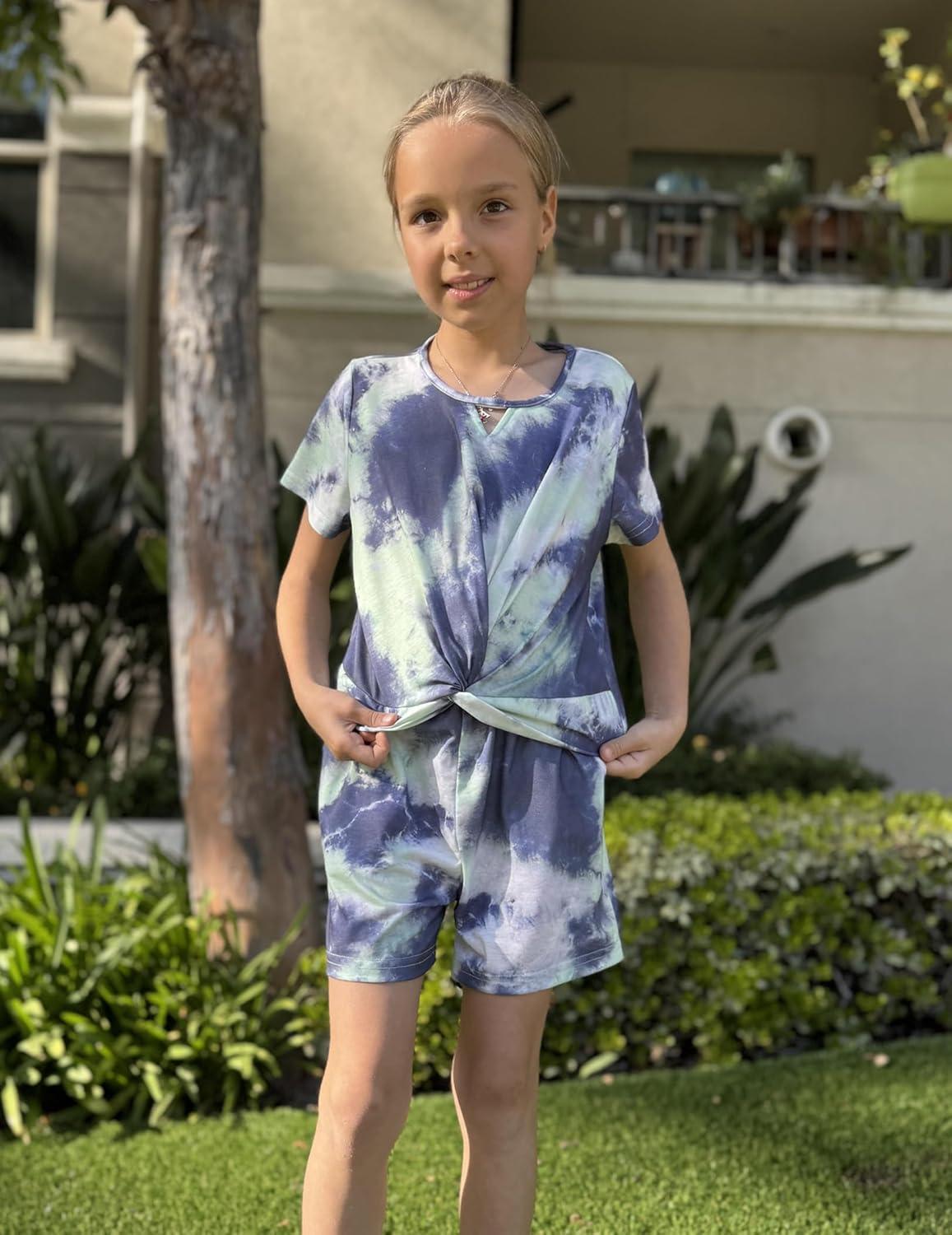 image:imageArshiner Girls Summer 2 Piece Outfits Tie Dye Short Sets Casual Twist Front Short Sleeve Tops and Pant with PocketsWhiteyellowgray