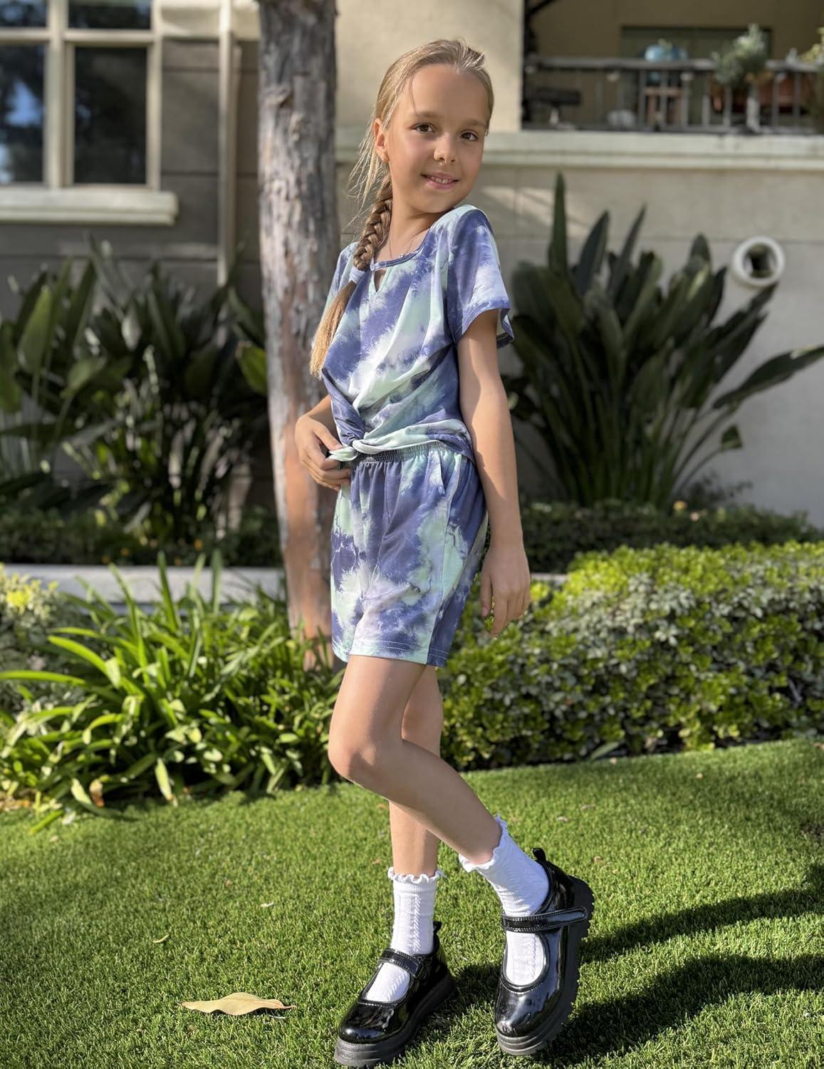 image:imageArshiner Girls Summer 2 Piece Outfits Tie Dye Short Sets Casual Twist Front Short Sleeve Tops and Pant with PocketsWhiteyellowgray