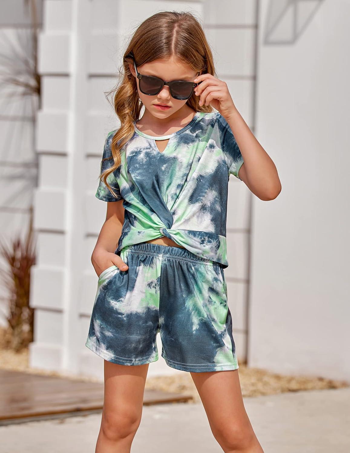image:imageArshiner Girls Summer 2 Piece Outfits Tie Dye Short Sets Casual Twist Front Short Sleeve Tops and Pant with PocketsWhiteyellowgray