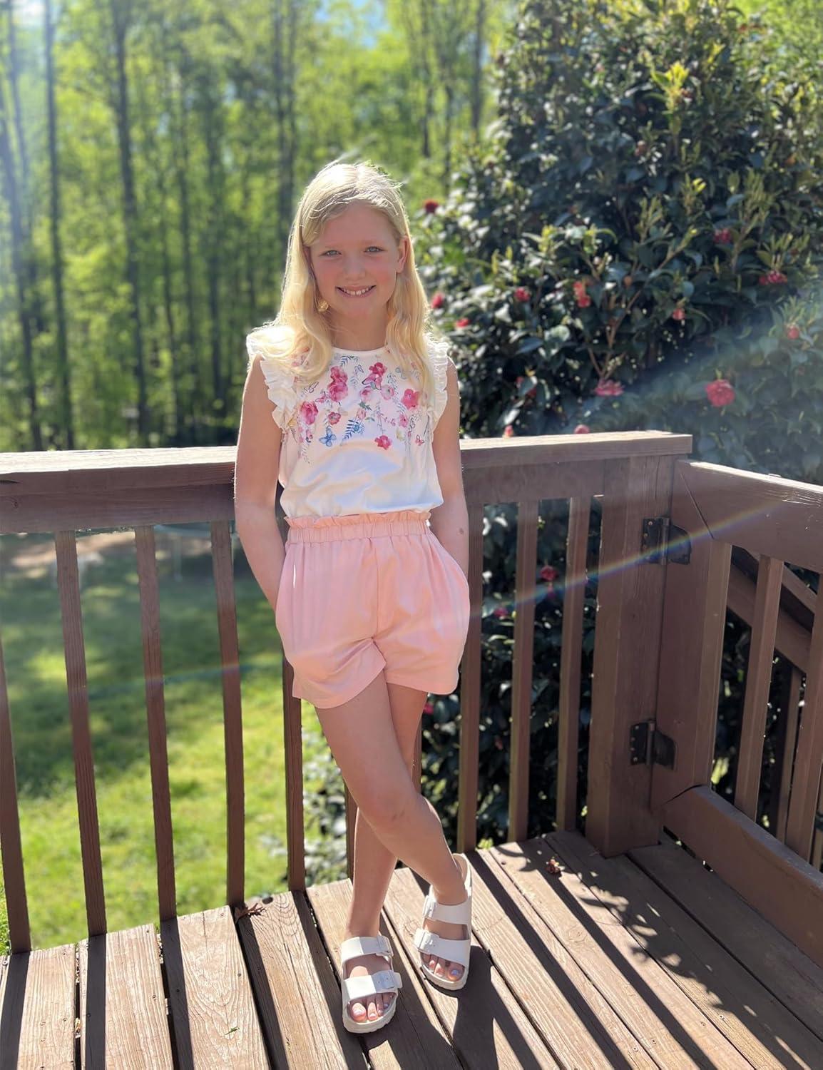 image:imageArshiner Girls Summer Clothes 2 Piece Ruffle Trimmed Sleeveless Tank Top and High Waist Shorts with Pockets Clothing SetsFlowerpink