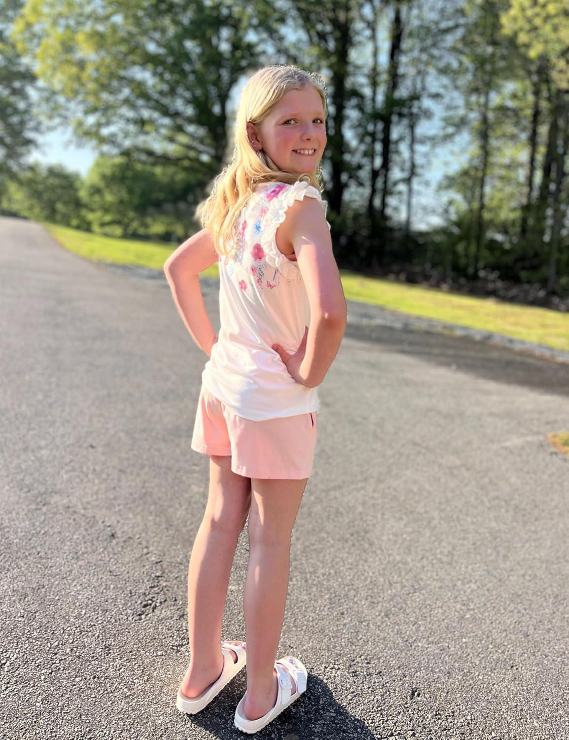 image:imageArshiner Girls Summer Clothes 2 Piece Ruffle Trimmed Sleeveless Tank Top and High Waist Shorts with Pockets Clothing SetsFlowerpink
