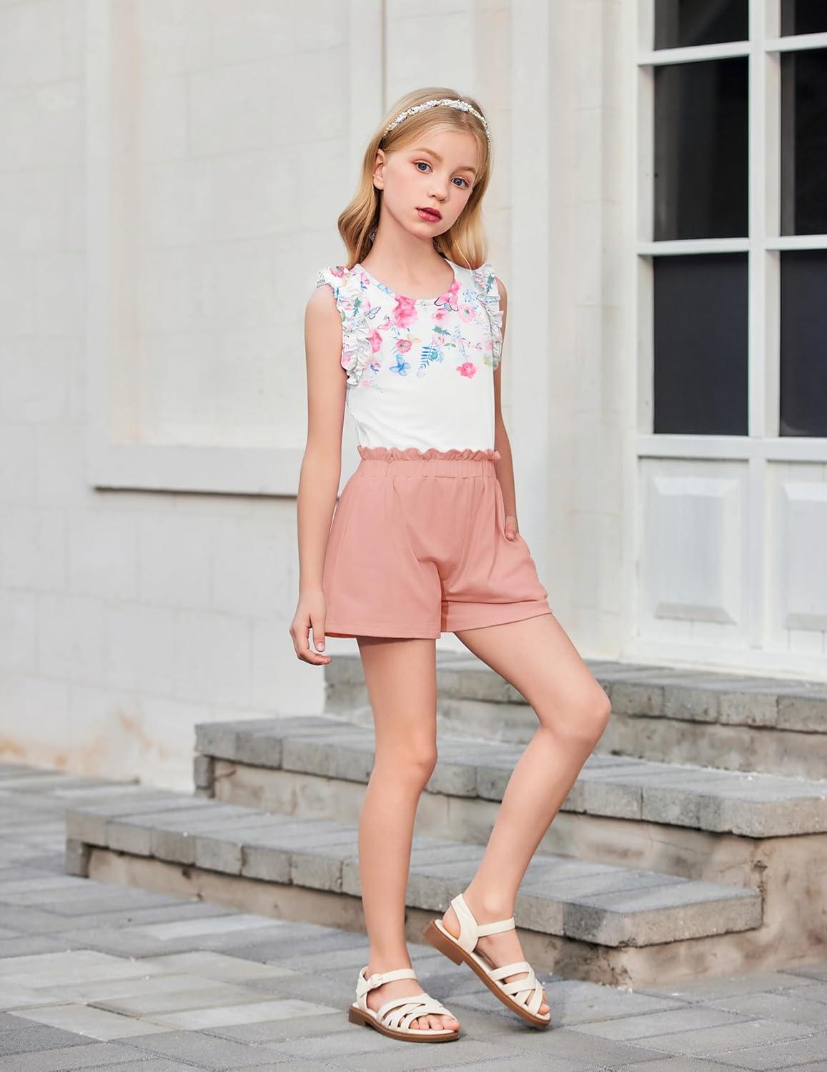 image:imageArshiner Girls Summer Clothes 2 Piece Ruffle Trimmed Sleeveless Tank Top and High Waist Shorts with Pockets Clothing SetsFlowerpink