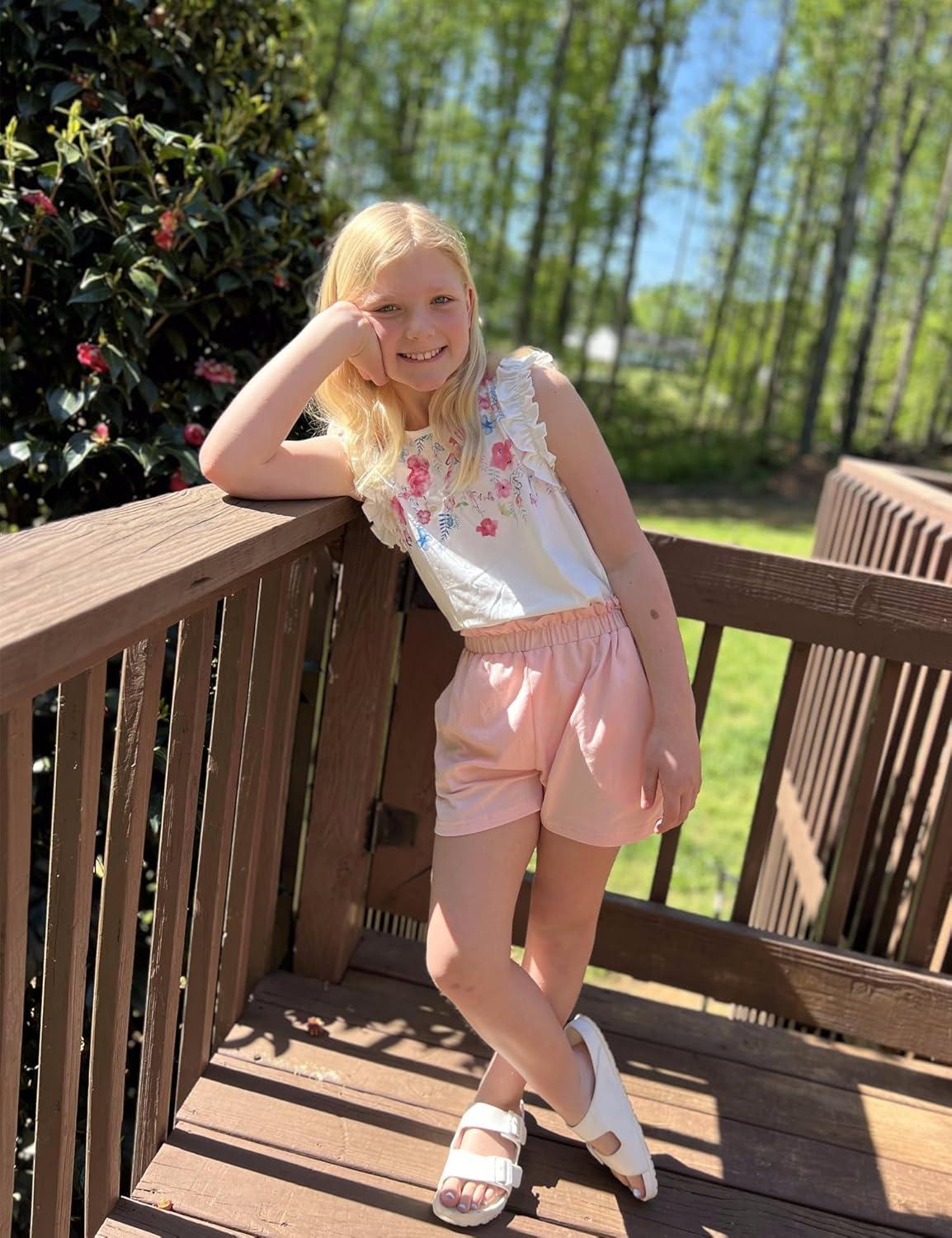 image:imageArshiner Girls Summer Clothes 2 Piece Ruffle Trimmed Sleeveless Tank Top and High Waist Shorts with Pockets Clothing SetsFlowerpink