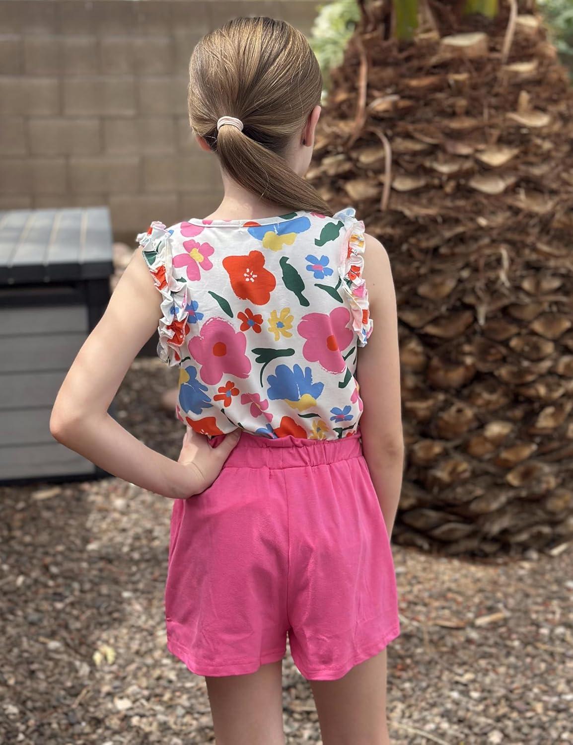 image:imageArshiner Girls Summer Clothes 2 Piece Ruffle Trimmed Sleeveless Tank Top and High Waist Shorts with Pockets Clothing SetsFlowerrose Red