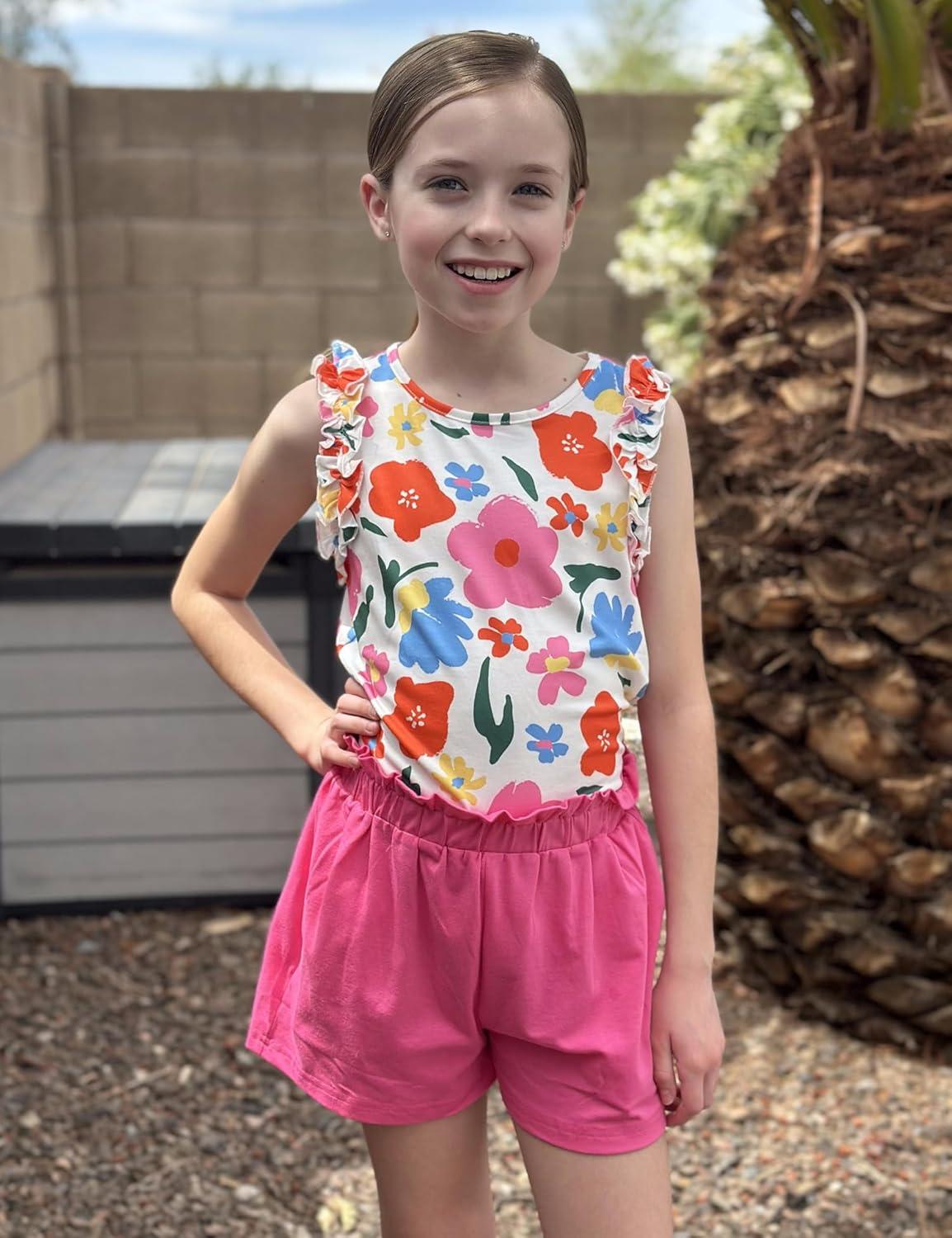 image:imageArshiner Girls Summer Clothes 2 Piece Ruffle Trimmed Sleeveless Tank Top and High Waist Shorts with Pockets Clothing SetsFlowerrose Red