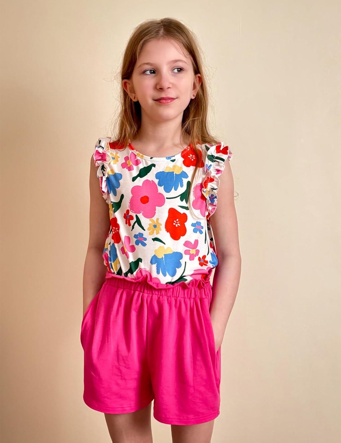 image:imageArshiner Girls Summer Clothes 2 Piece Ruffle Trimmed Sleeveless Tank Top and High Waist Shorts with Pockets Clothing SetsFlowerrose Red