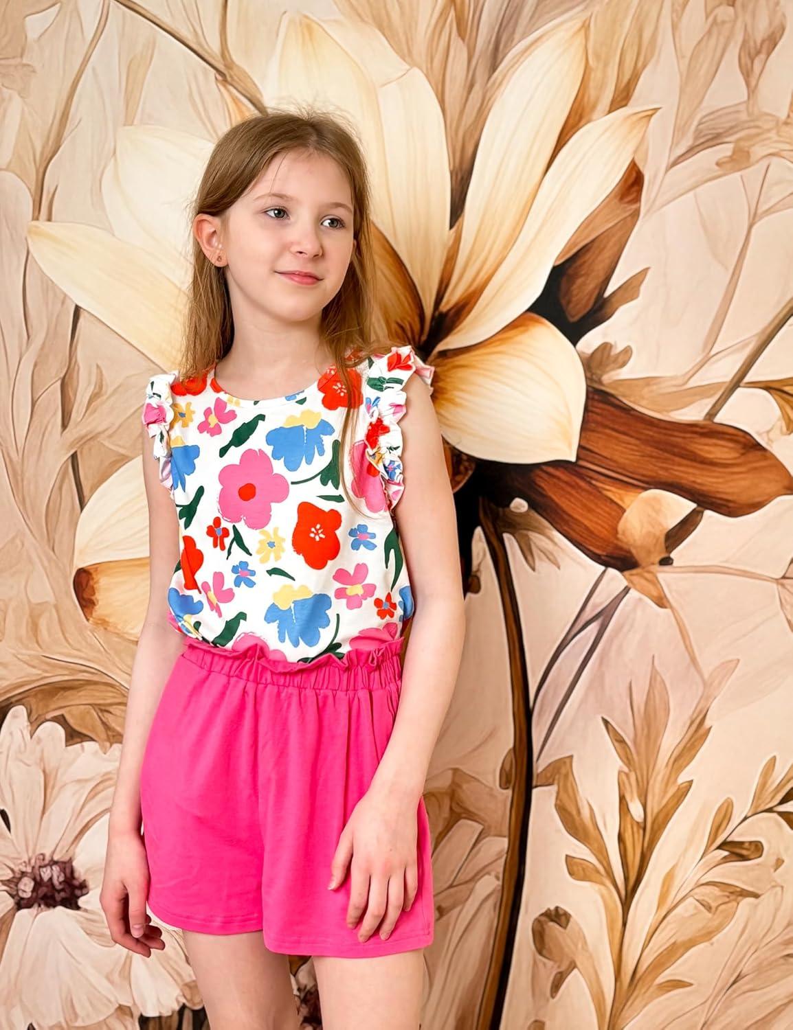 image:imageArshiner Girls Summer Clothes 2 Piece Ruffle Trimmed Sleeveless Tank Top and High Waist Shorts with Pockets Clothing SetsFlowerrose Red