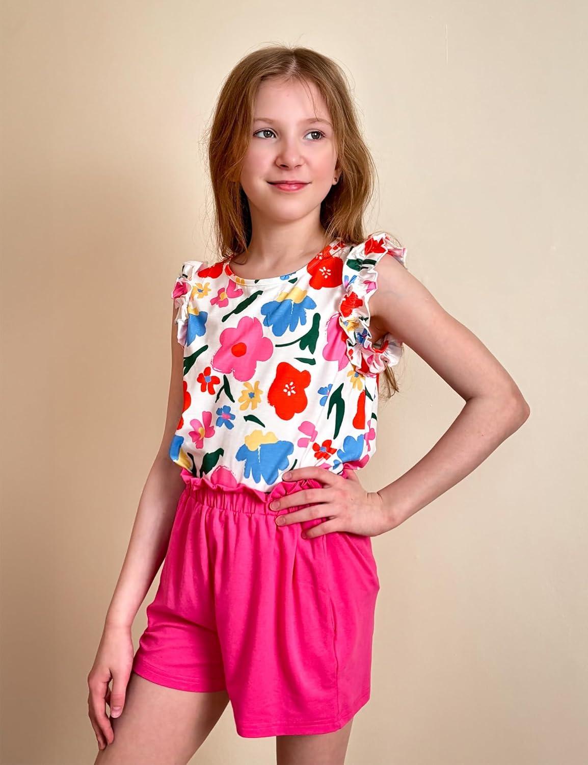 image:imageArshiner Girls Summer Clothes 2 Piece Ruffle Trimmed Sleeveless Tank Top and High Waist Shorts with Pockets Clothing SetsFlowerrose Red
