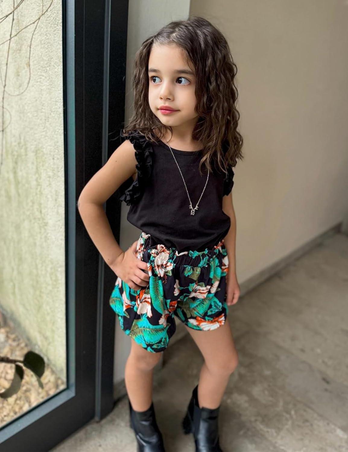 image:imageArshiner Girls Summer Clothes 2 Piece Ruffle Trimmed Sleeveless Tank Top and High Waist Shorts with Pockets Clothing SetsHawaii Style