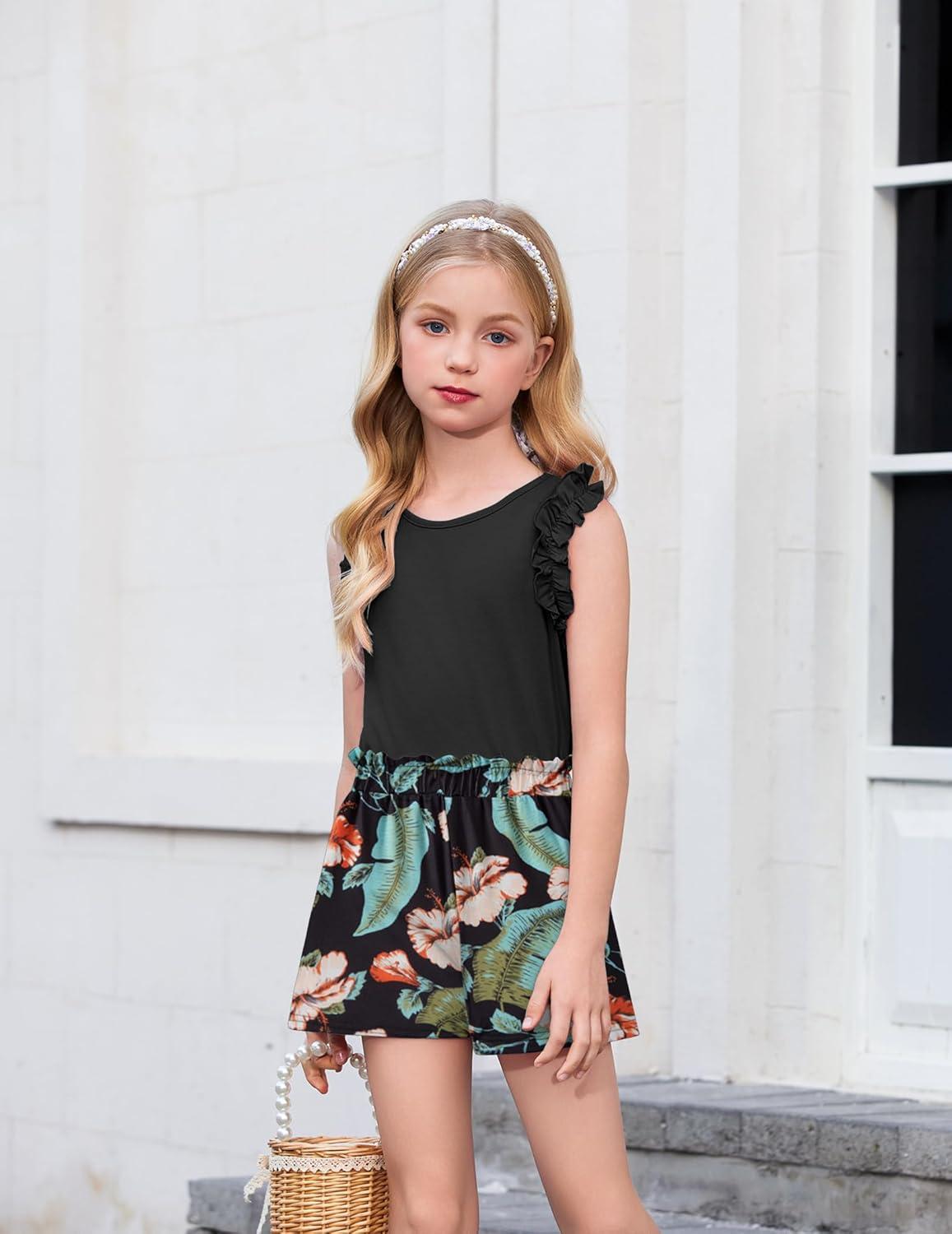 image:imageArshiner Girls Summer Clothes 2 Piece Ruffle Trimmed Sleeveless Tank Top and High Waist Shorts with Pockets Clothing SetsHawaii Style