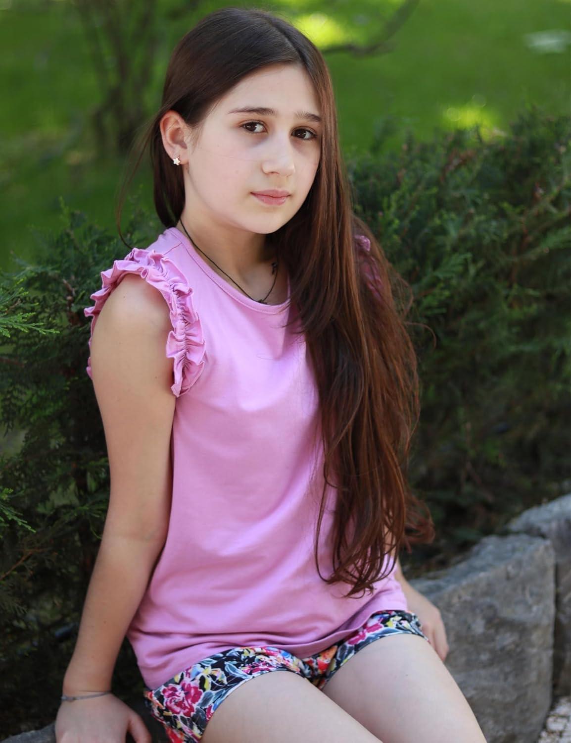 image:imageArshiner Girls Summer Clothes 2 Piece Ruffle Trimmed Sleeveless Tank Top and High Waist Shorts with Pockets Clothing SetsPurpleflower