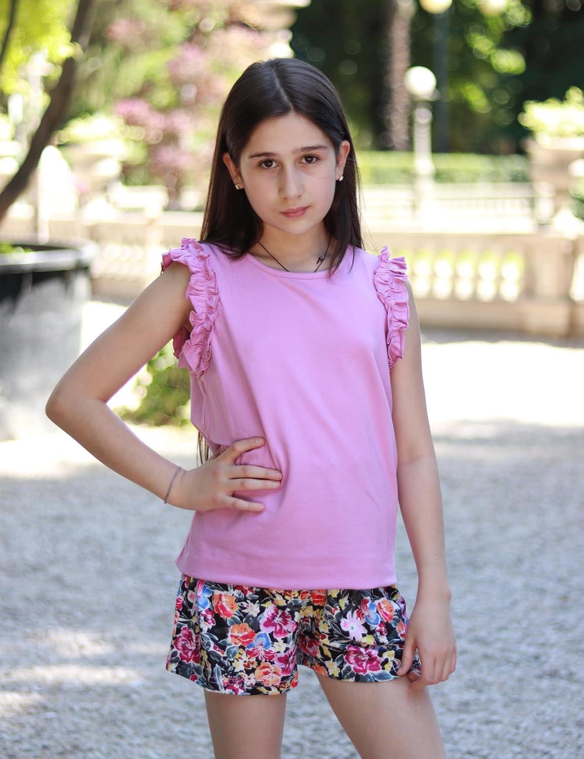 image:imageArshiner Girls Summer Clothes 2 Piece Ruffle Trimmed Sleeveless Tank Top and High Waist Shorts with Pockets Clothing SetsPurpleflower