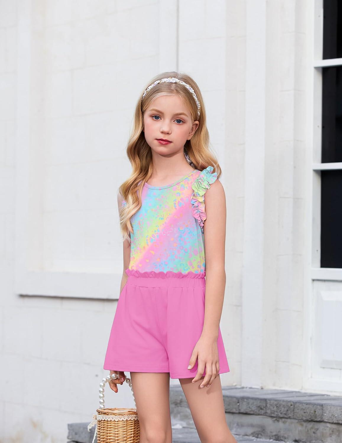 image:imageArshiner Girls Summer Clothes 2 Piece Ruffle Trimmed Sleeveless Tank Top and High Waist Shorts with Pockets Clothing SetsRainbow Leopardrose Red