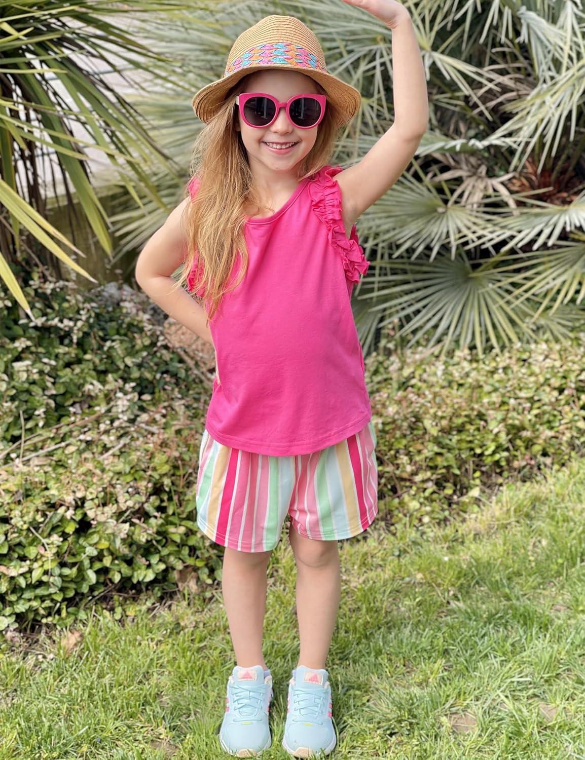 image:imageArshiner Girls Summer Clothes 2 Piece Ruffle Trimmed Sleeveless Tank Top and High Waist Shorts with Pockets Clothing SetsRose Redrainbow